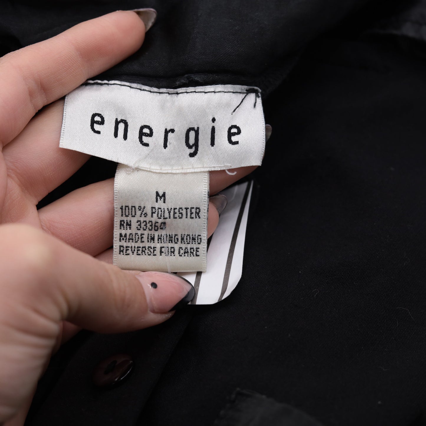 90s Energie Black Button-Up Blouse Satin Pocket Long Sleeve Medium