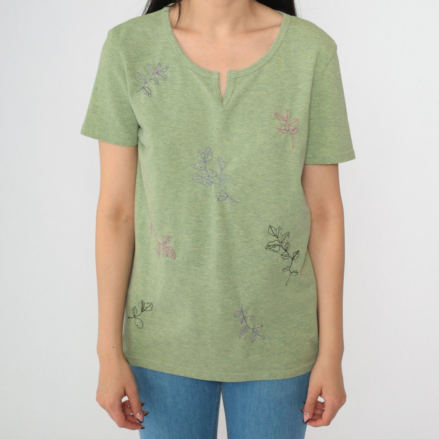 Y2K Leaf Embroidered T-Shirt Green Split Neck Short Sleeve Small S