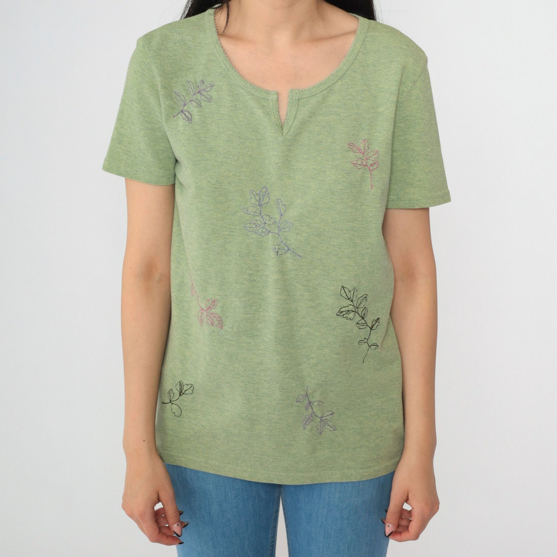 Y2K Leaf Embroidered T-Shirt Green Split Neck Short Sleeve Small S