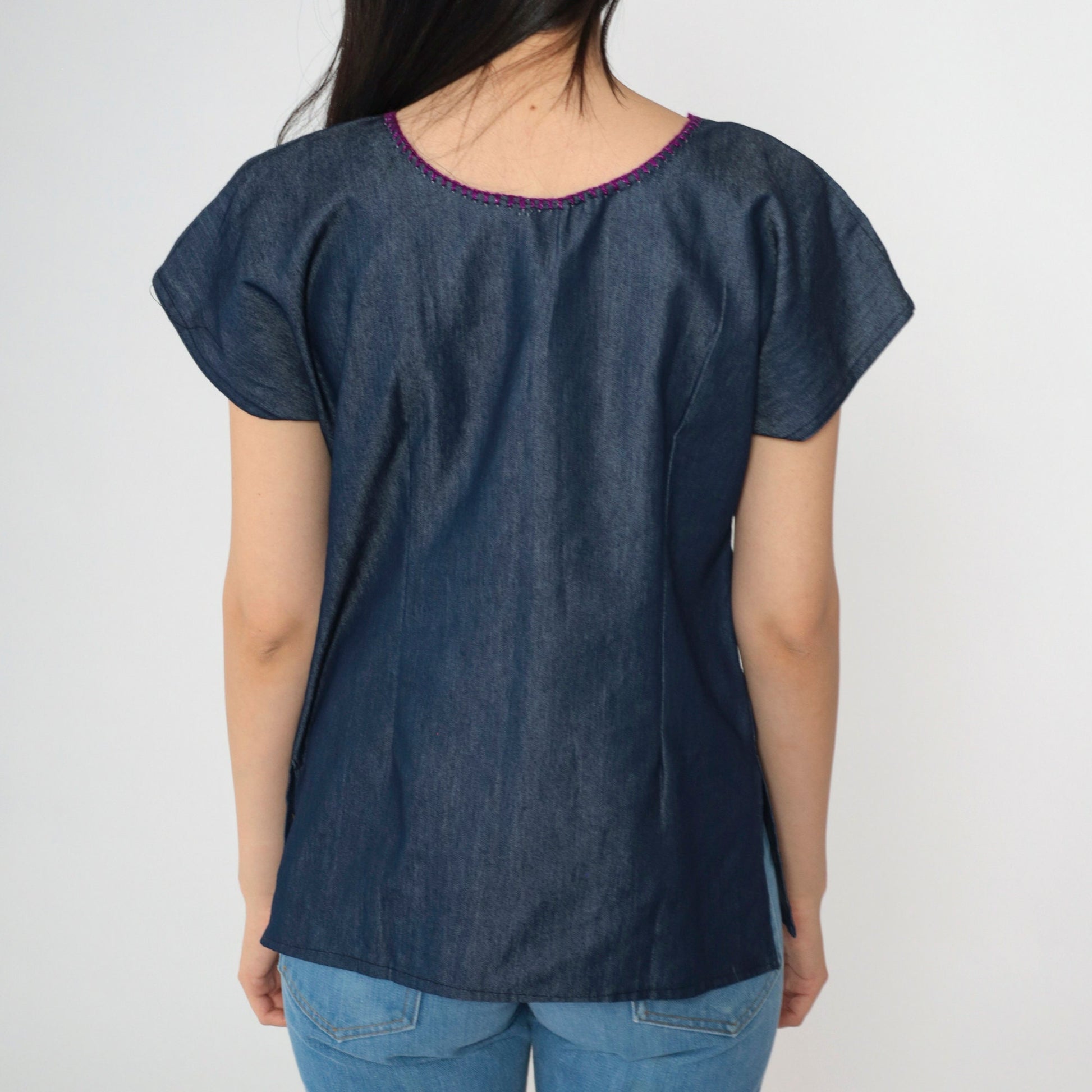 Y2K Chambray Embroidered Butterfly Floral Lace-Up Top Dark Blue Small