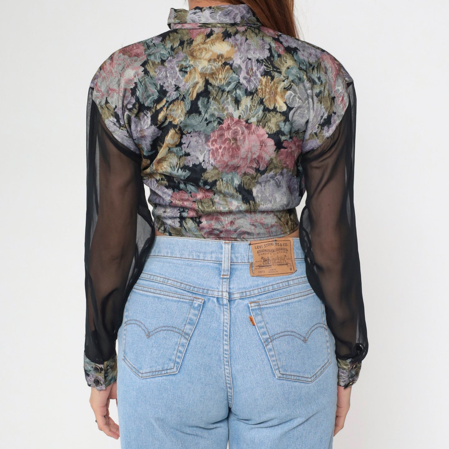 90s Floral Crop Top Button Up Blouse Sheer Chiffon Sleeves Small