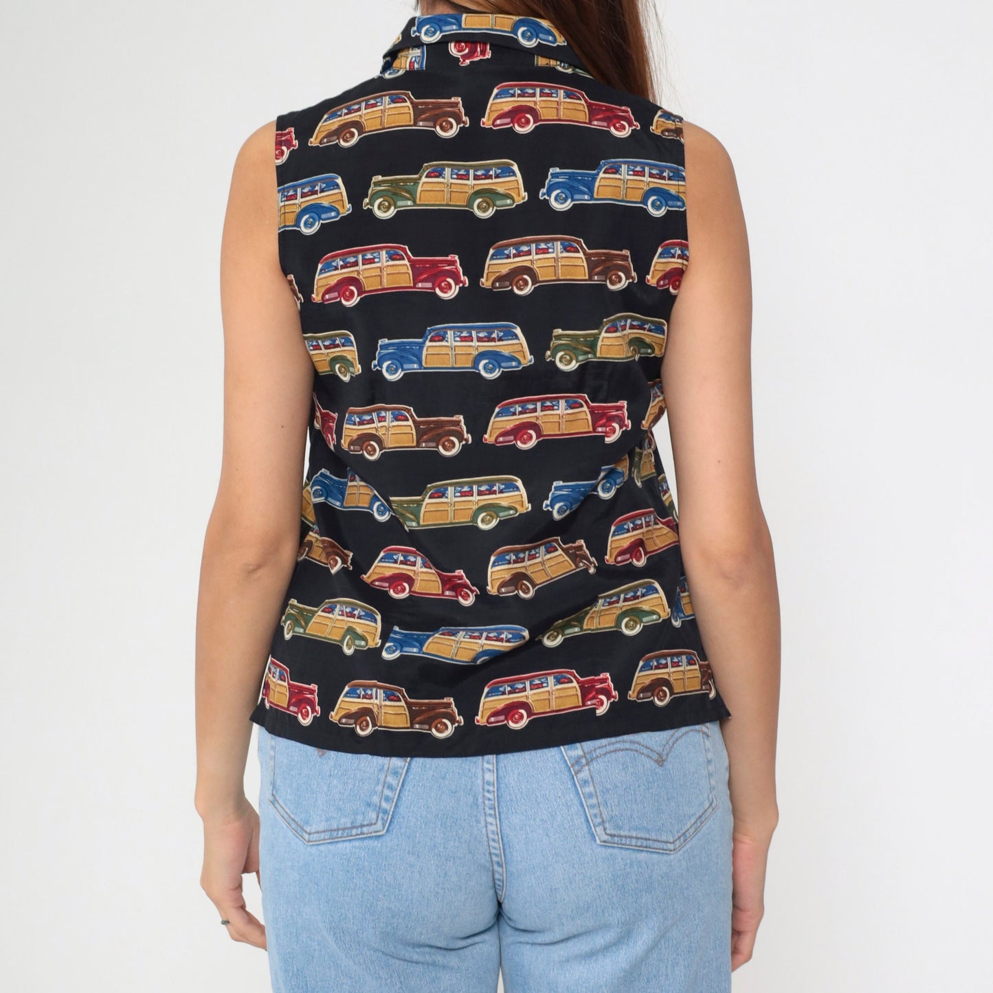 90s Classic Car Print Sleeveless Button-Up Blouse White Collar Small