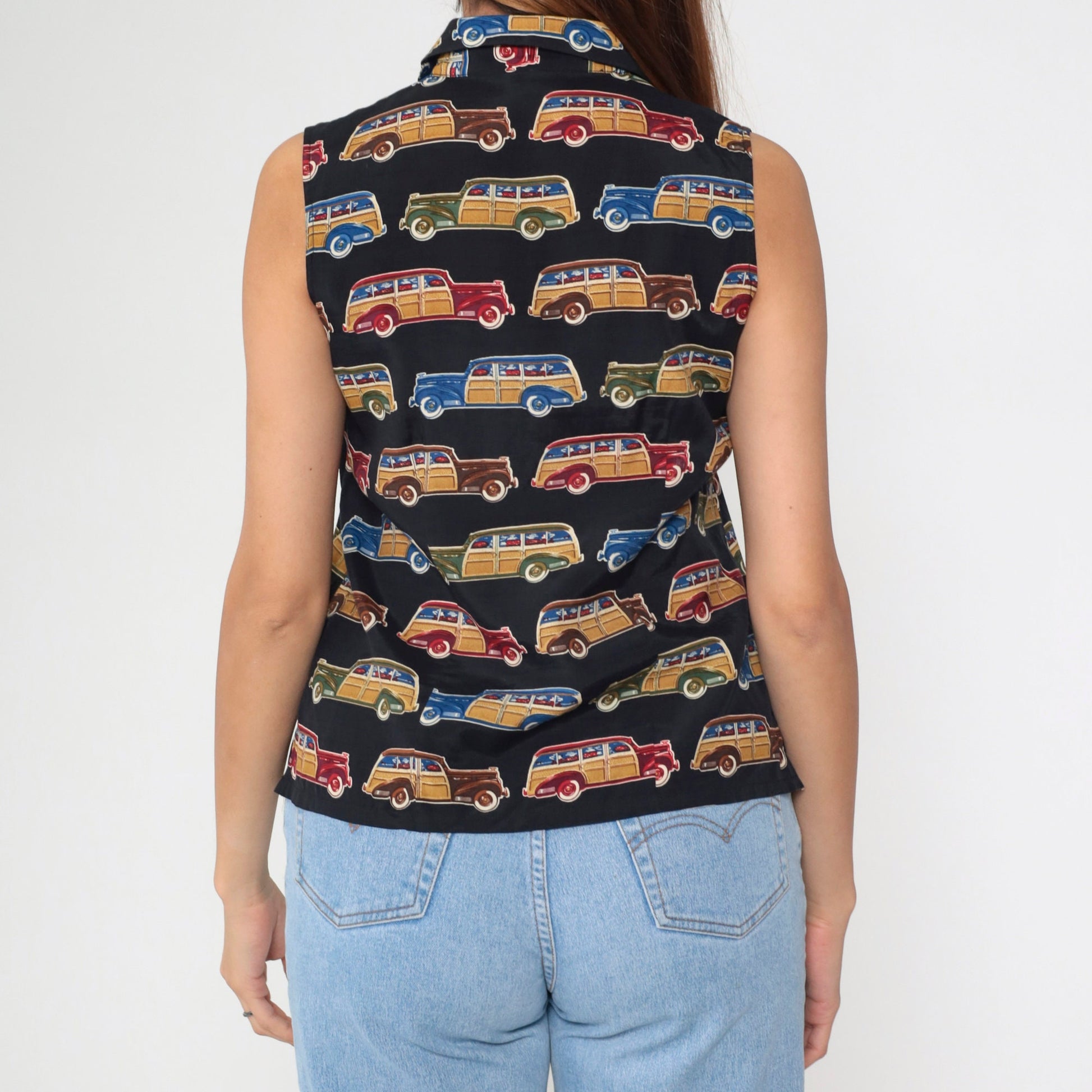 90s Classic Car Print Sleeveless Button-Up Blouse White Collar Small