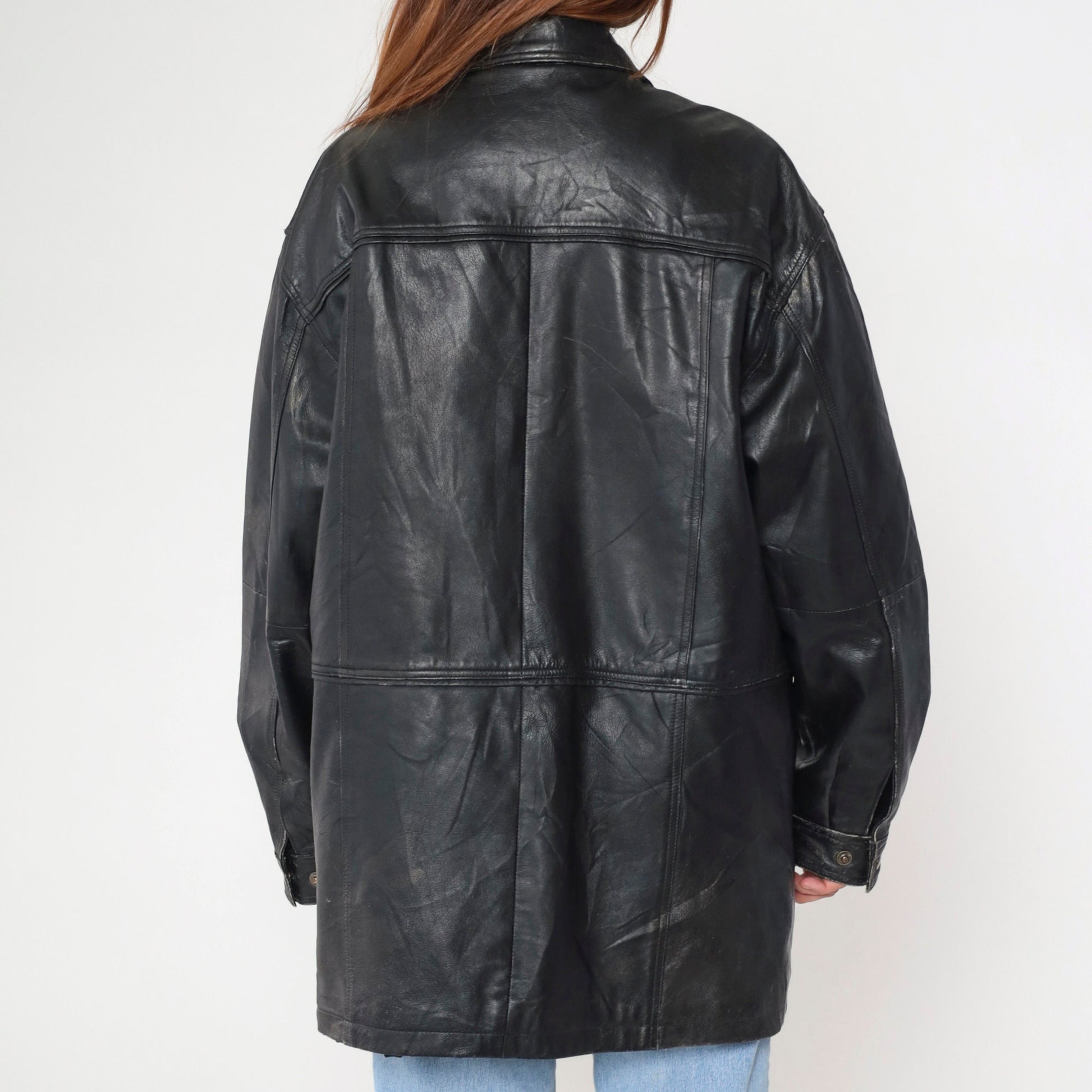 90s Black Deerskin Leather Coat Cargo Pockets Zip Snap Longline Large L