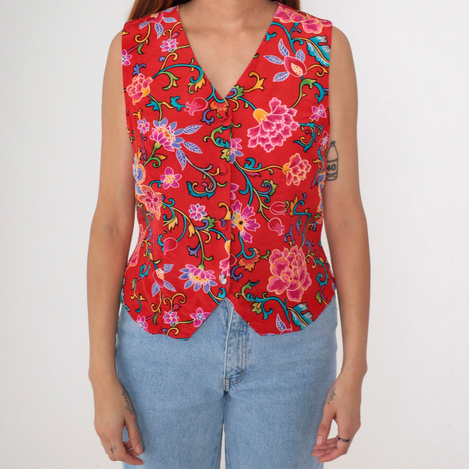 90s Casual Corner Silk Vest Red Floral Print Button Up V Neck Small