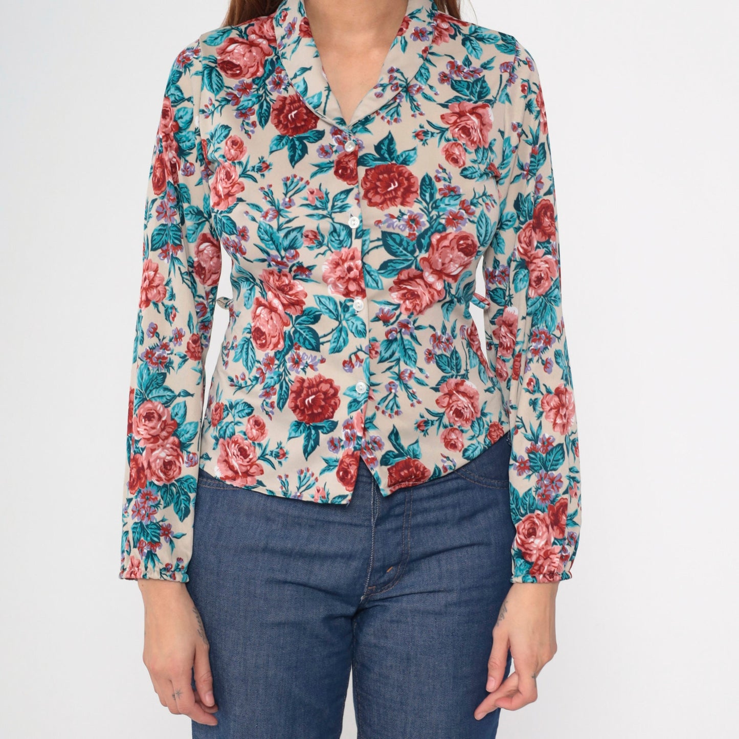 70s Floral Print Button-Up Blouse Taupe Pink Blue Long Sleeve Collar Medium