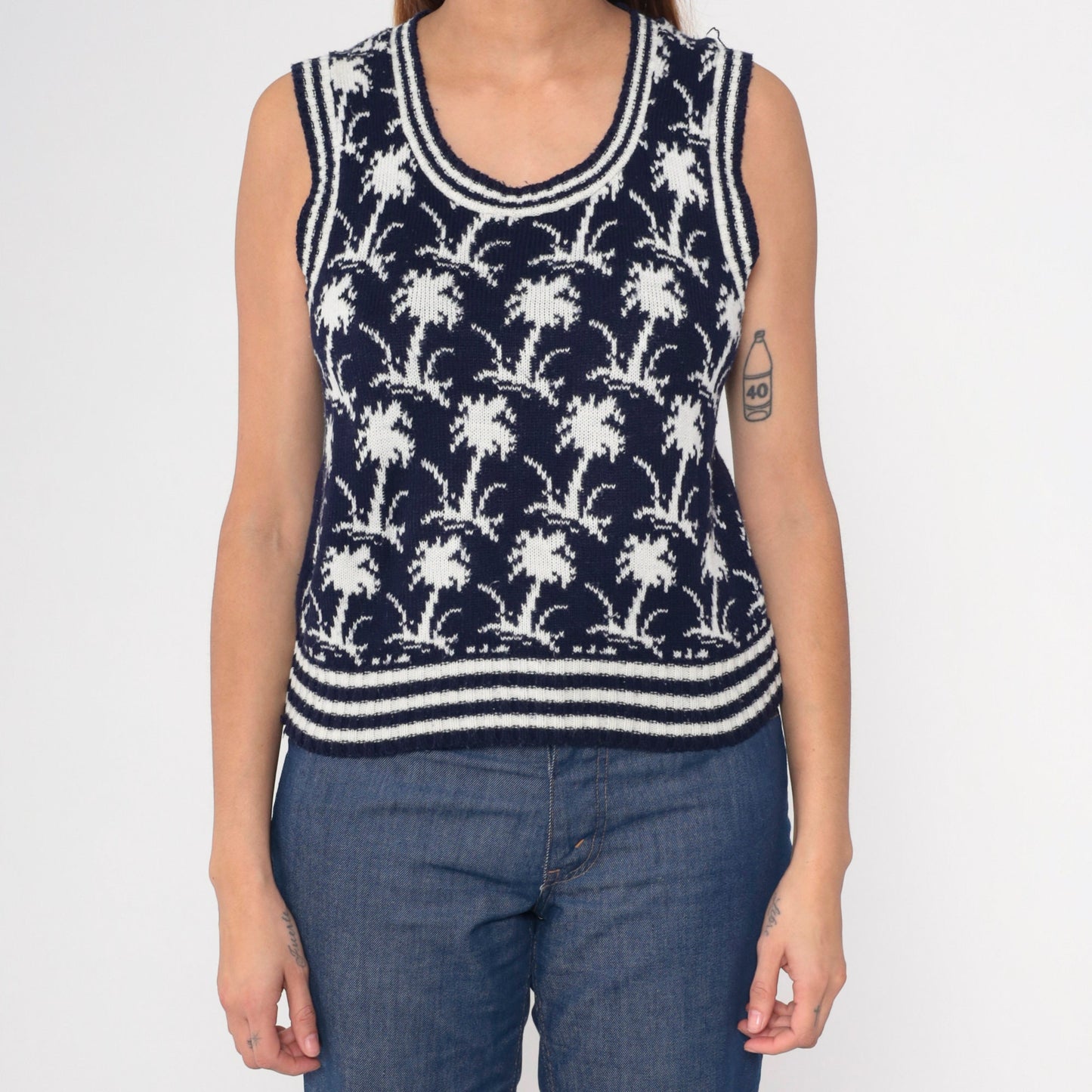 70s Palm Tree Knit Vest Navy White Scoop Neck Sleeveless Top Small S