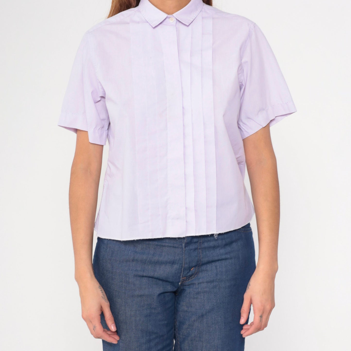 80s Lavender Pleated Button-Up Blouse Short Sleeve Cotton Blend Medium