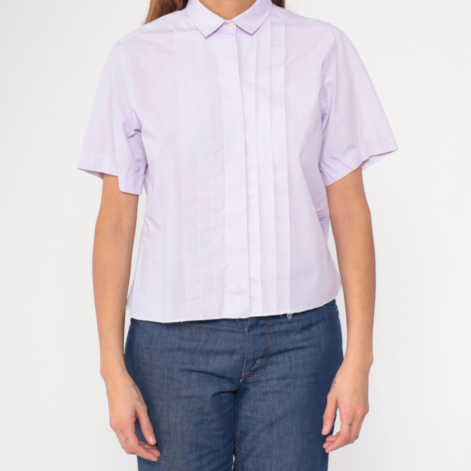 80s Lavender Pleated Button-Up Blouse Short Sleeve Cotton Blend Medium