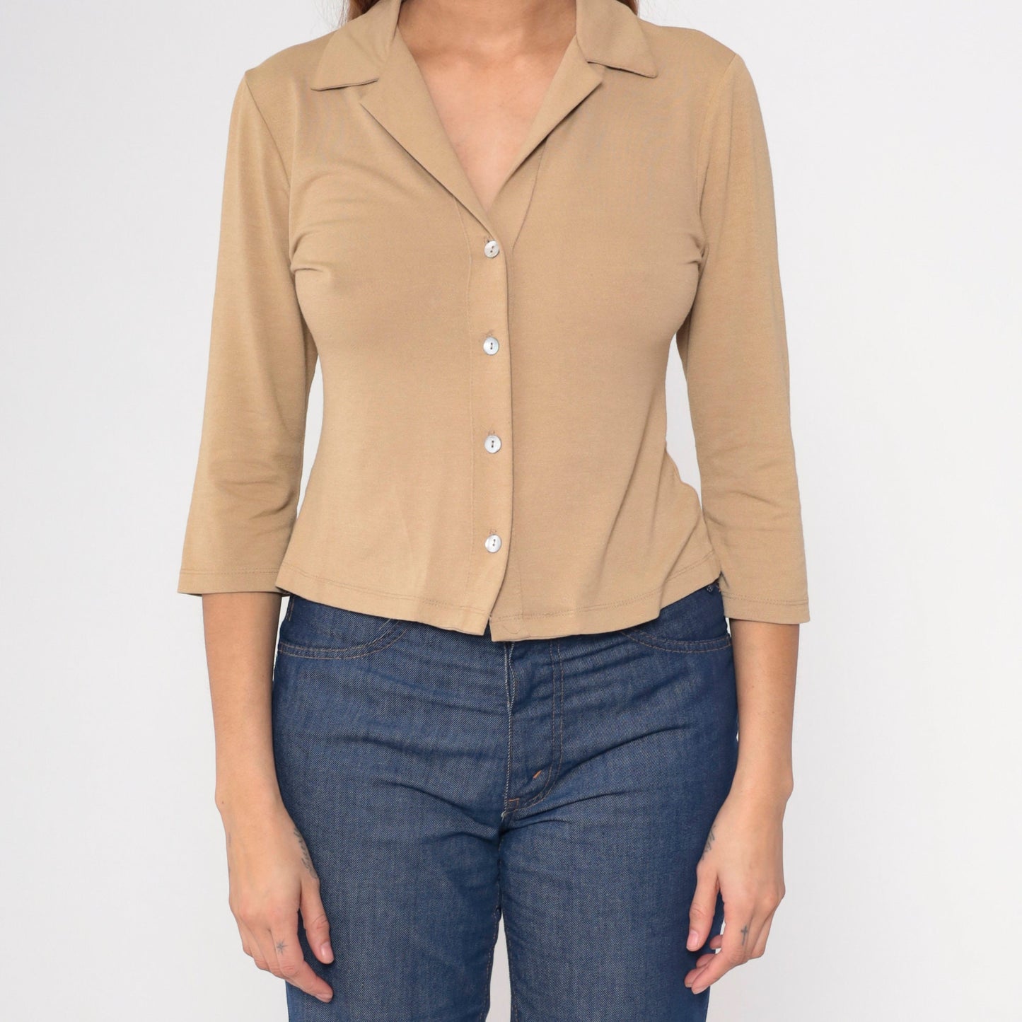 90s Tan Button-Up Blouse Collared 3/4 Sleeve Shirt Small S