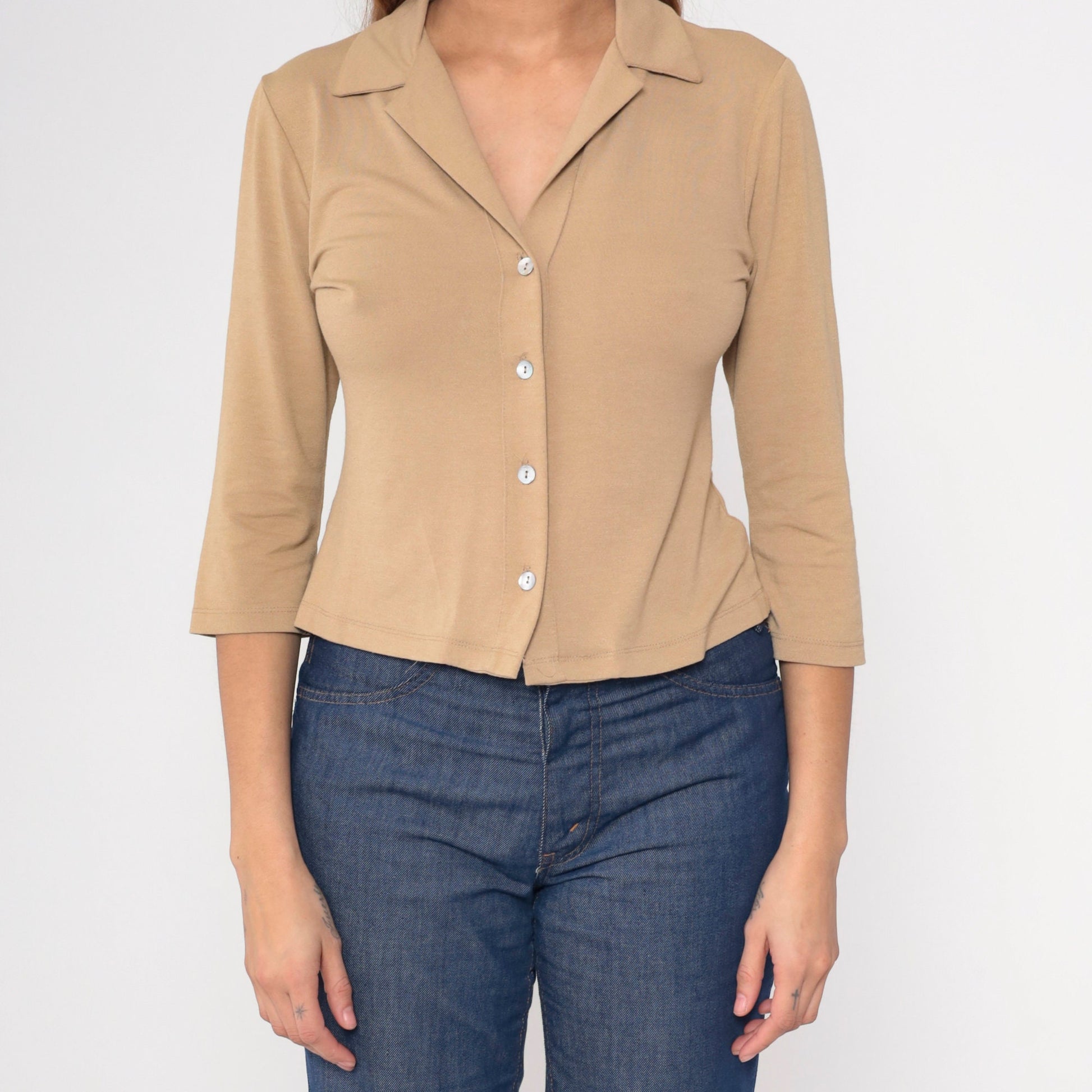 90s Tan Button-Up Blouse Collared 3/4 Sleeve Shirt Small S