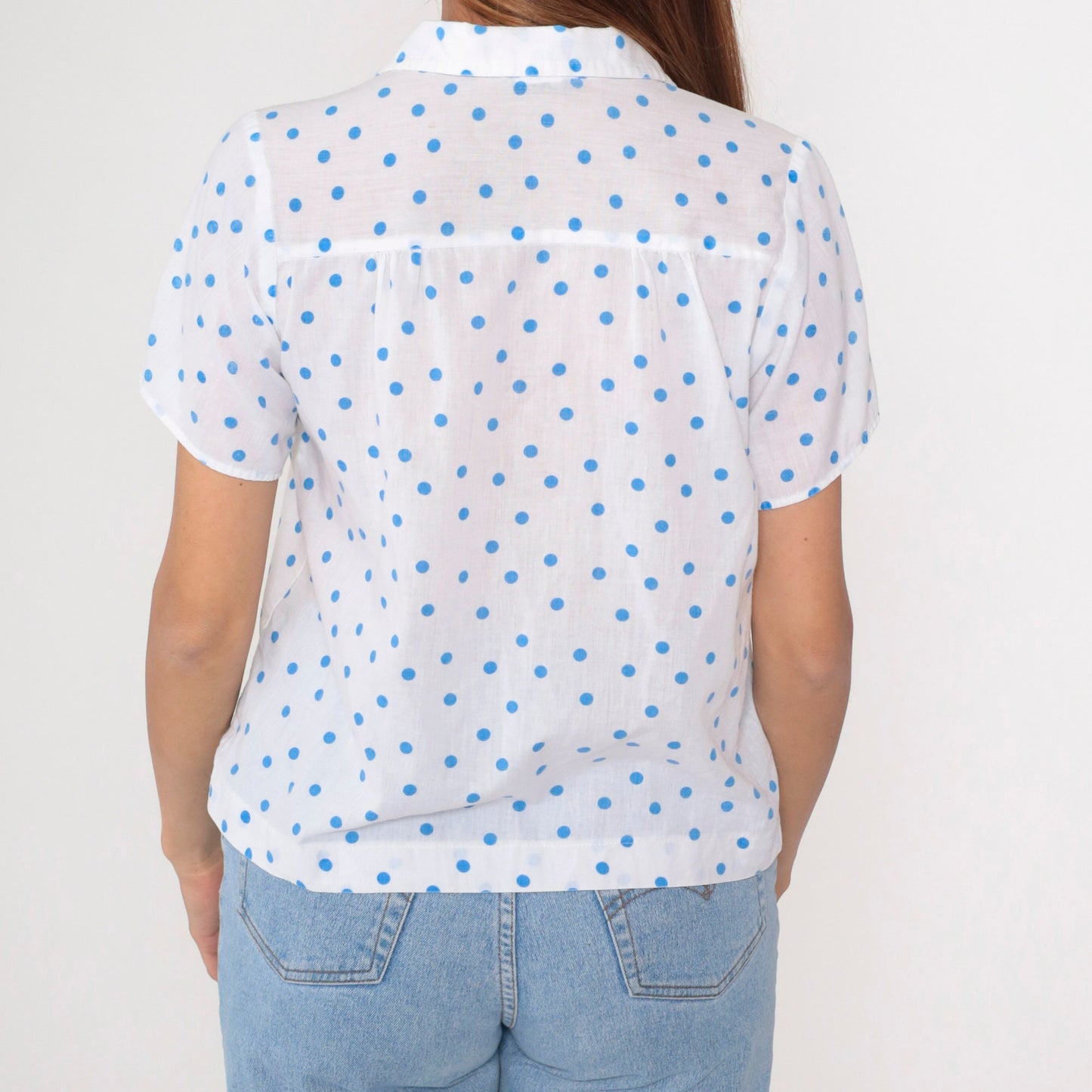 80s White Blue Polka Dot Button-Up Blouse Short Sleeve Medium