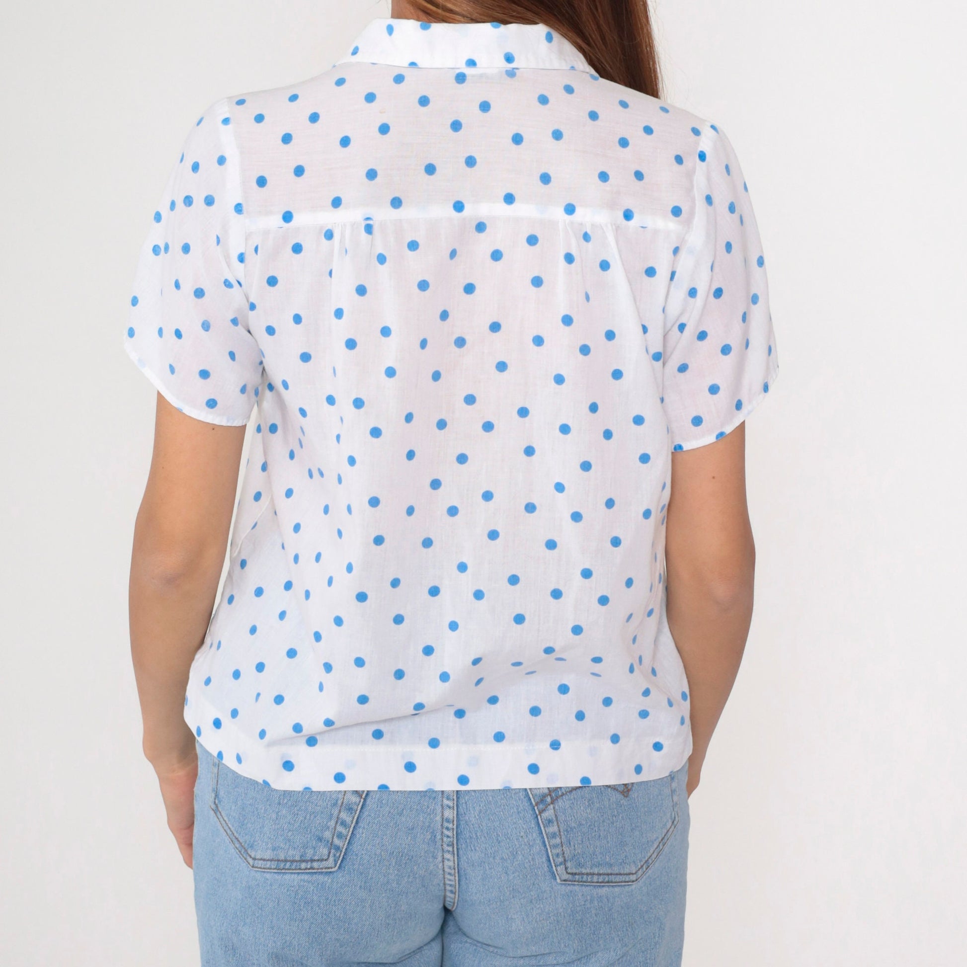 80s White Blue Polka Dot Button-Up Blouse Short Sleeve Medium