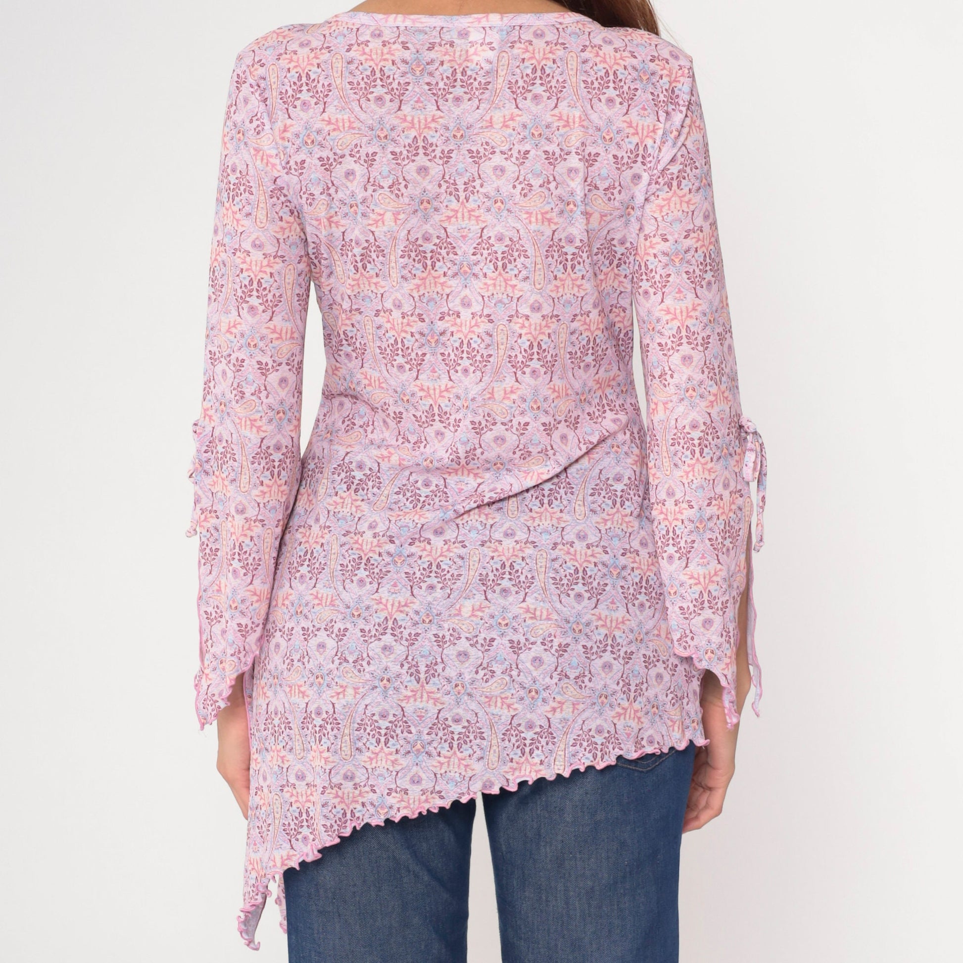 Y2K Paisley V-Neck Blouse Pink Bell Sleeve Asymmetrical Lettuce Edge Large L
