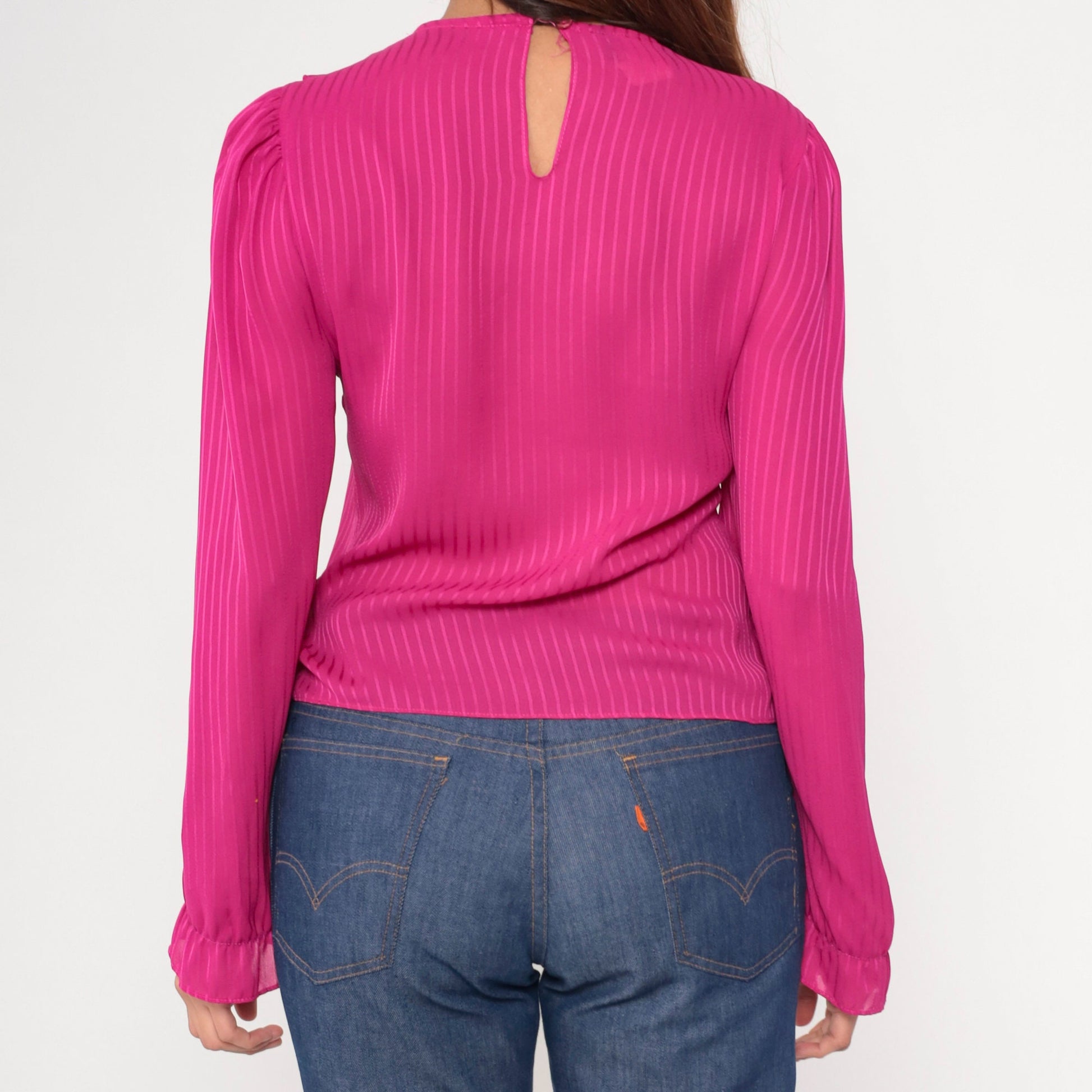 80s Fuchsia Cowl Neck Blouse Striped Puff Sleeve Keyhole Back Small