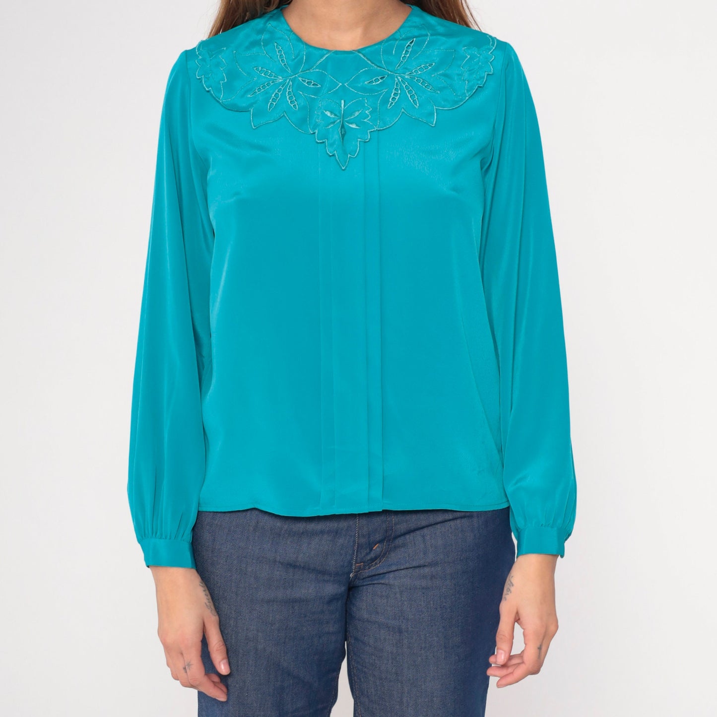 80s Teal Embroidered Cutwork Collar Blouse Button-Back Long Sleeve Small