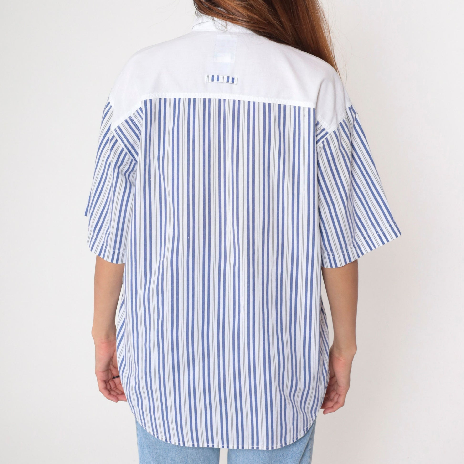 90s Anchor Blue Striped Cargo Shirt White Blue Cotton Button Up Medium