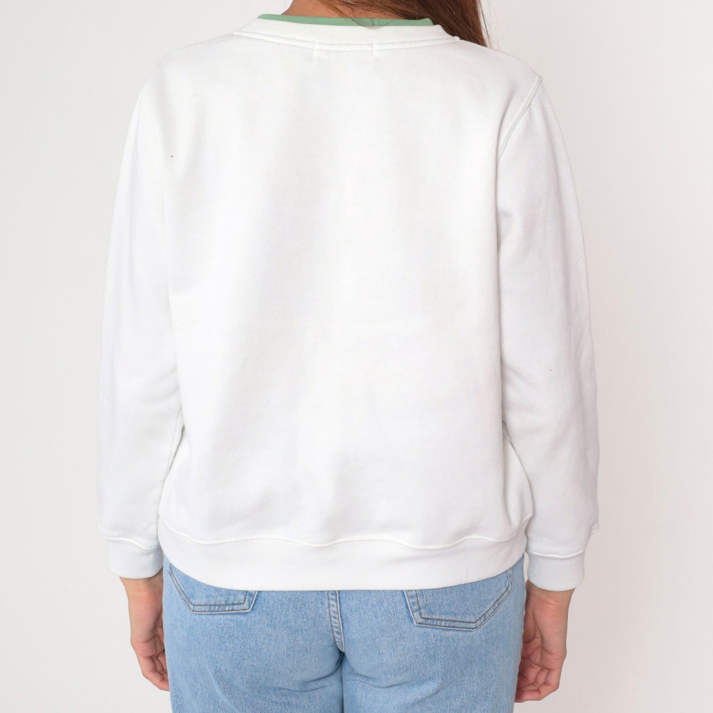90s Floral Embroidered Sweatshirt White Double Collar Crewneck Petite Large