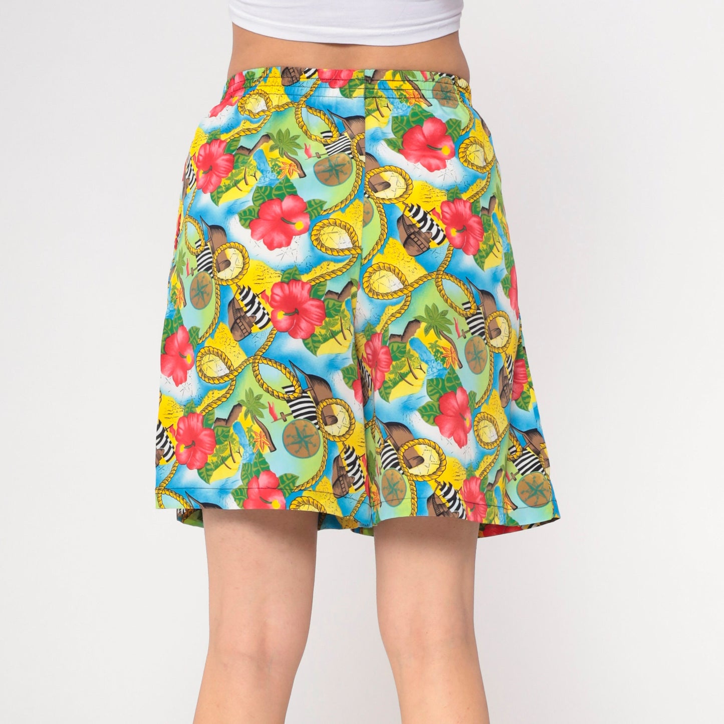 90s Hawaiian Print Shorts Pirate Ship Hibiscus Elastic Waist Small