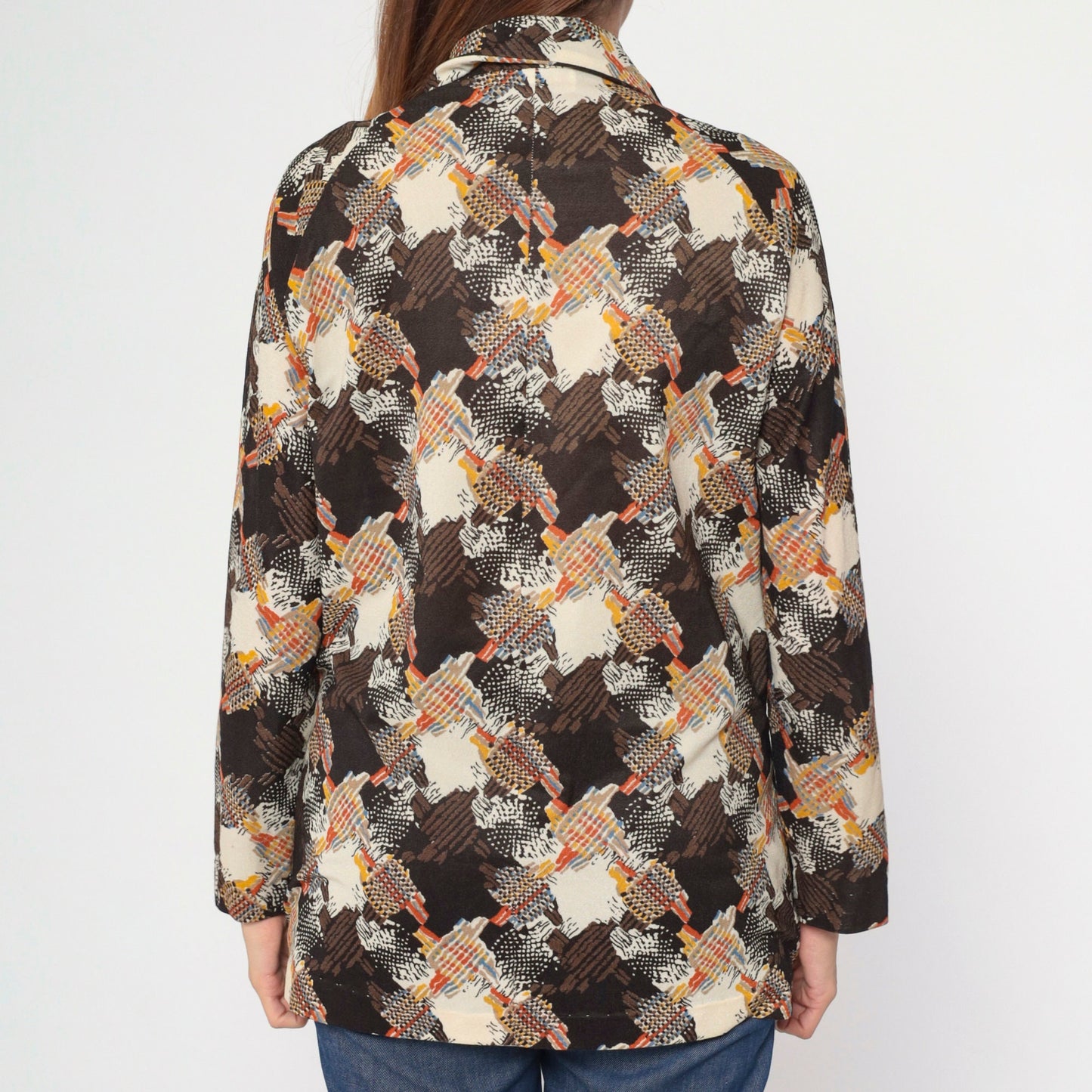 70s Abstract Print Blouse Brown Beige Orange Blue Zip Front Collared Large L