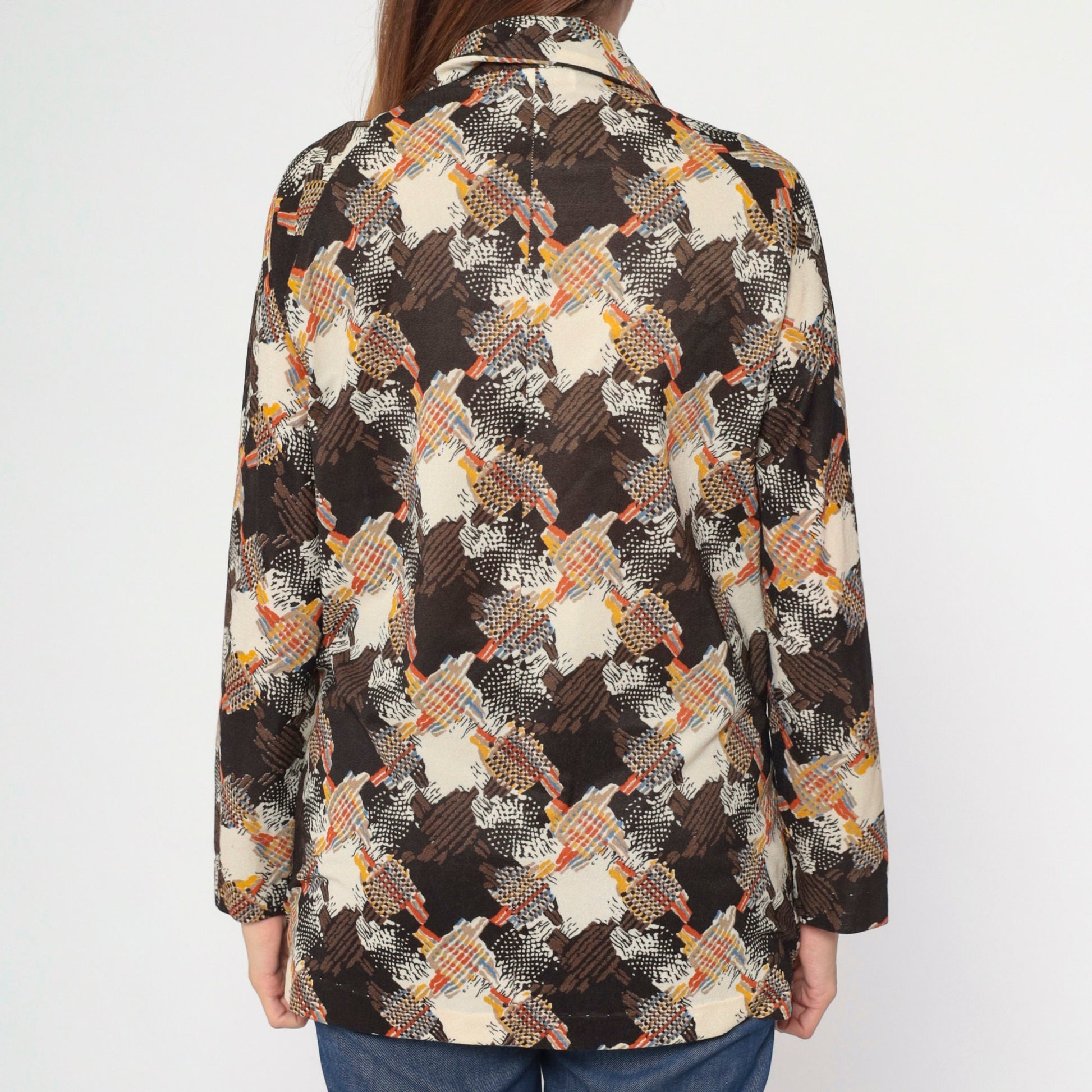 70s Abstract Print Blouse Brown Beige Orange Blue Zip Front Collared Large L