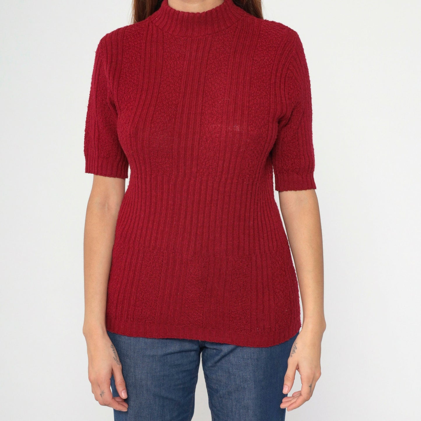 70s Burgundy Ribbed Knit Mock Neck Sweater Short Sleeve Small