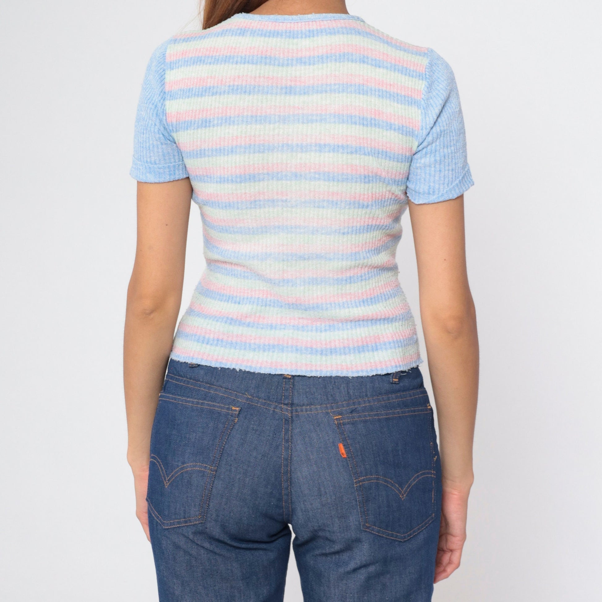 70s Striped Knit Top Pastel Blue Pink Green Ringer Short Sleeve Small