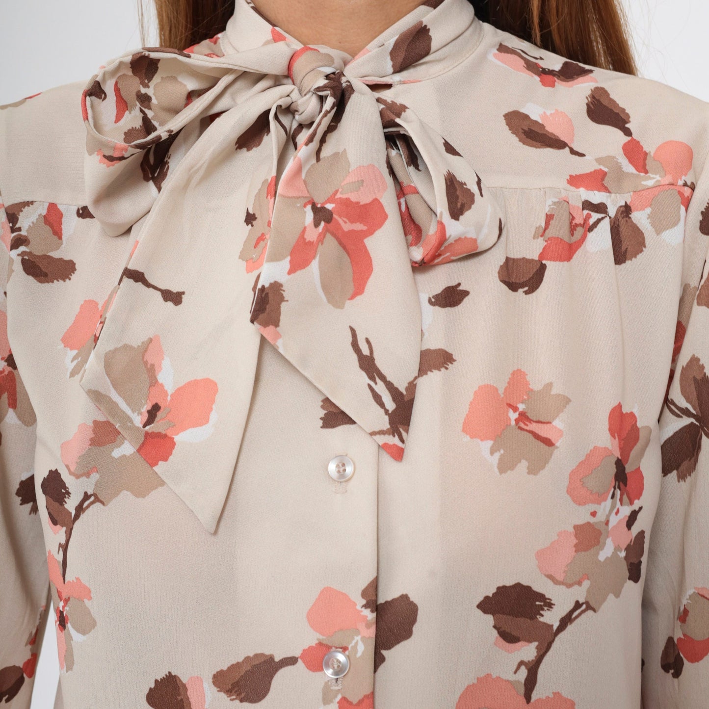 70s Floral Taupe Ascot Blouse Button-Up Long Sleeve Shirt Medium