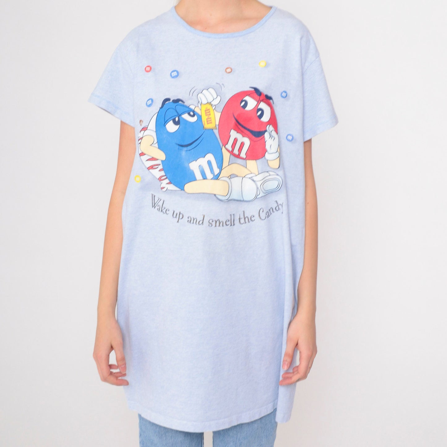 90s M&Ms T-Shirt Dress Blue Striped Graphic Pajama Dress Large XL