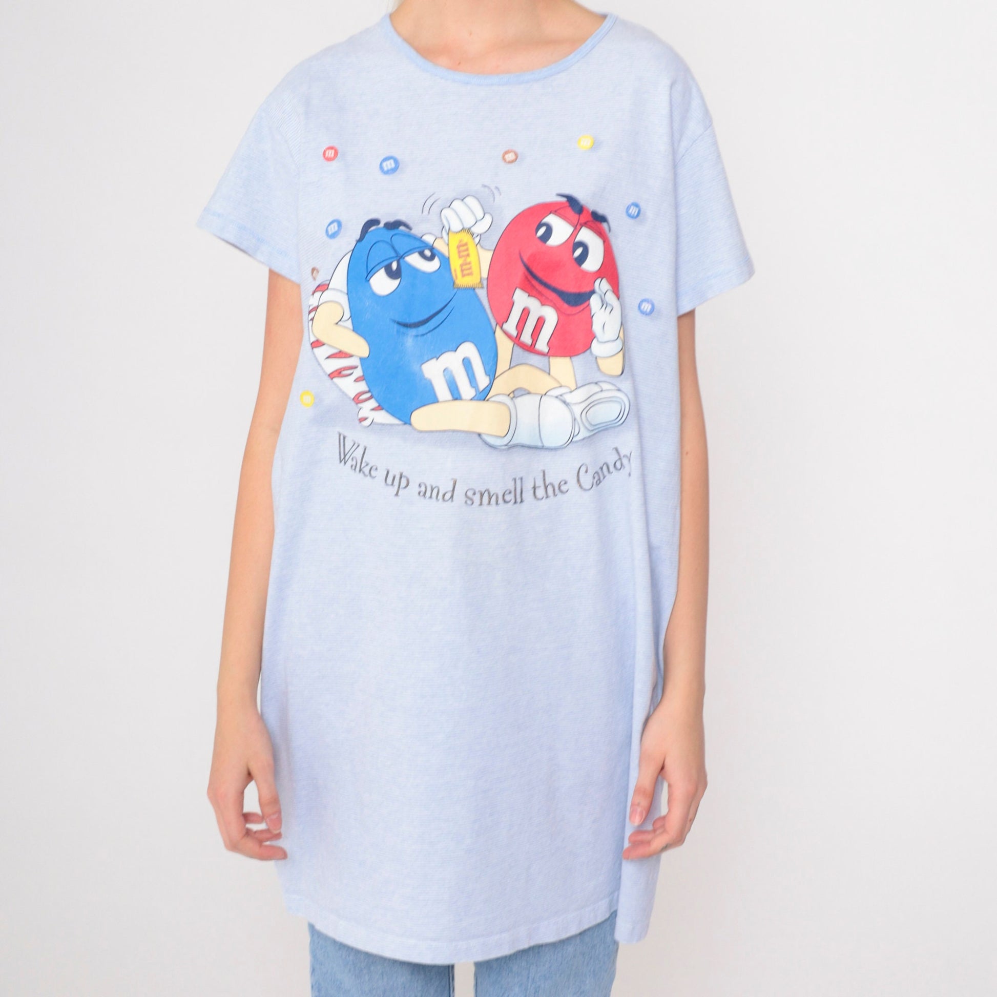 90s M&Ms T-Shirt Dress Blue Striped Graphic Pajama Dress Large XL