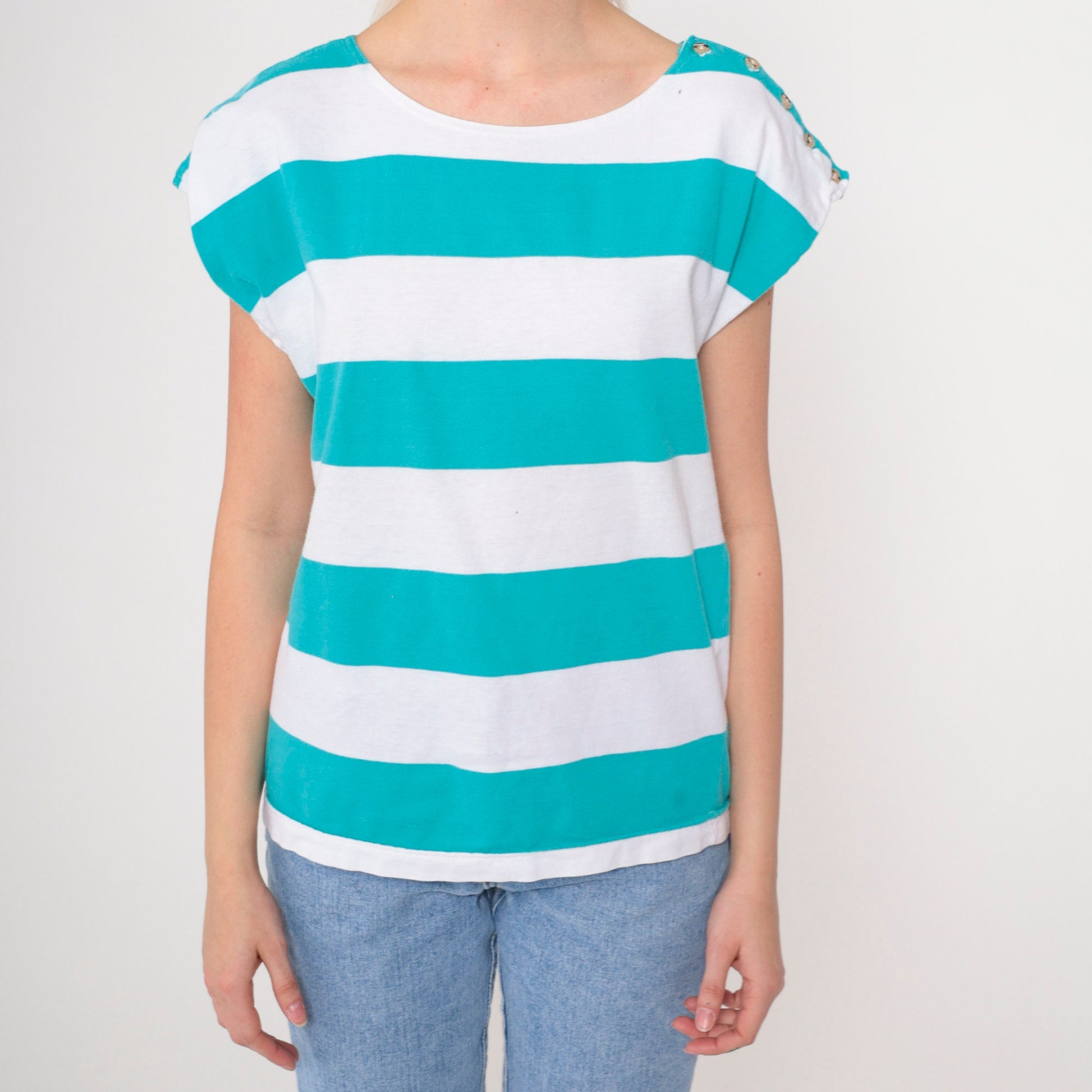 80s 90s Honors Striped Cap Sleeve T-Shirt Turquoise White Medium