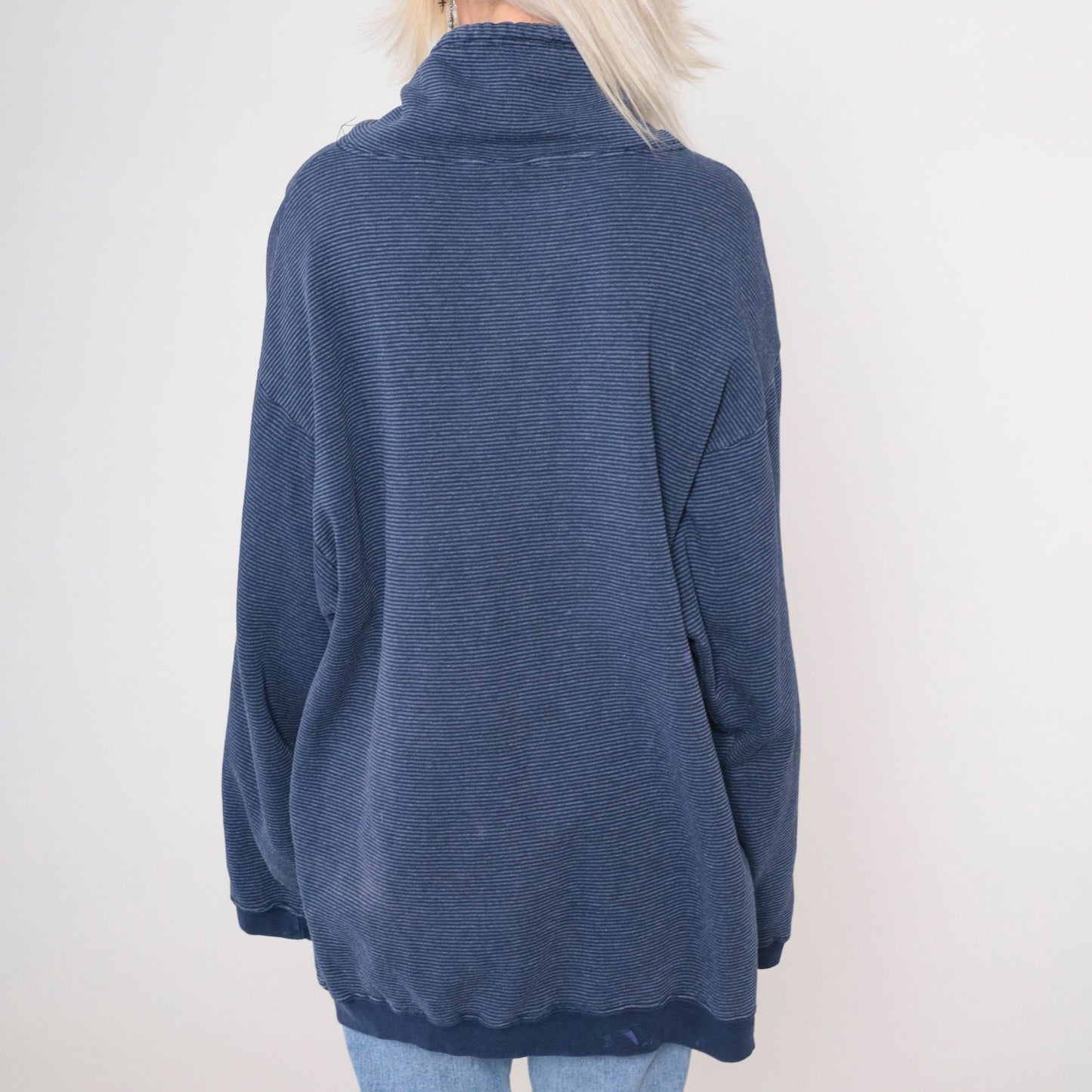 90s Guess Striped Blue Drawstring Cowl Neck Sweatshirt Large