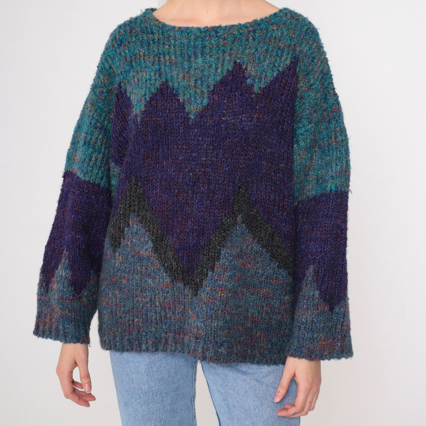 90s Purple Teal Colour Block Wool Blend Sweater Geometric Knit Large L