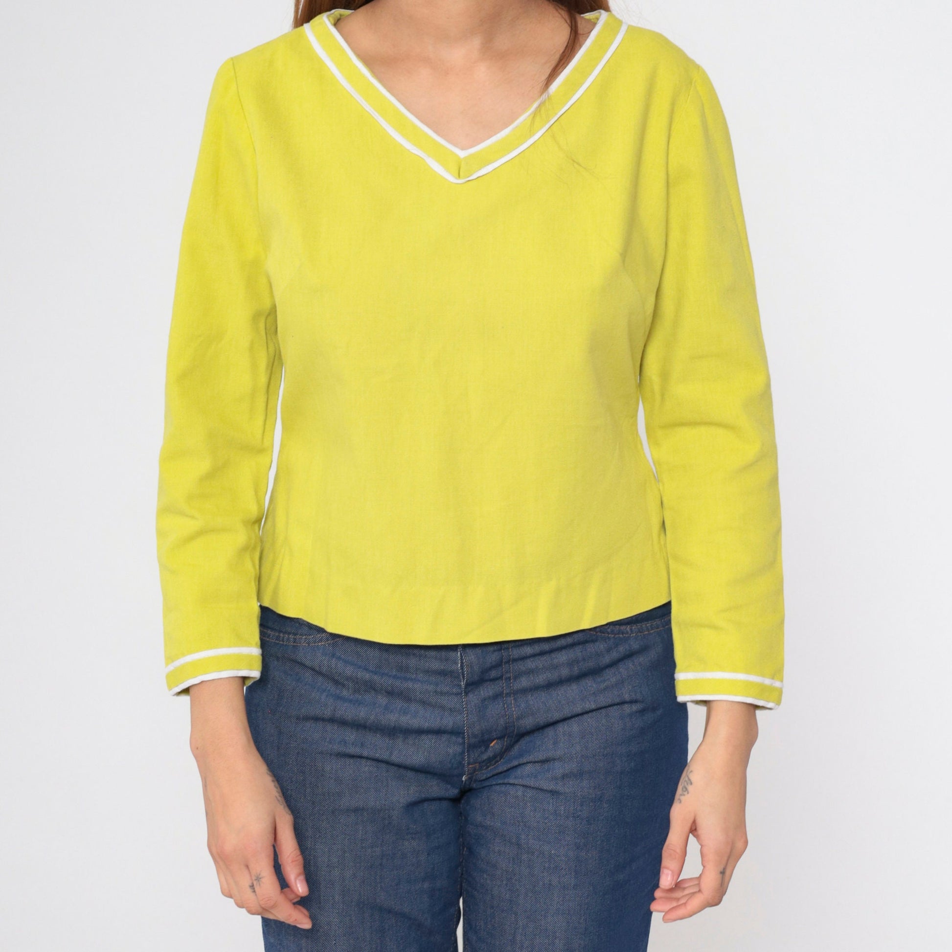 60s Young Edwardian Chartreuse Blouse Long Sleeve V-Neck Zipper Back Medium