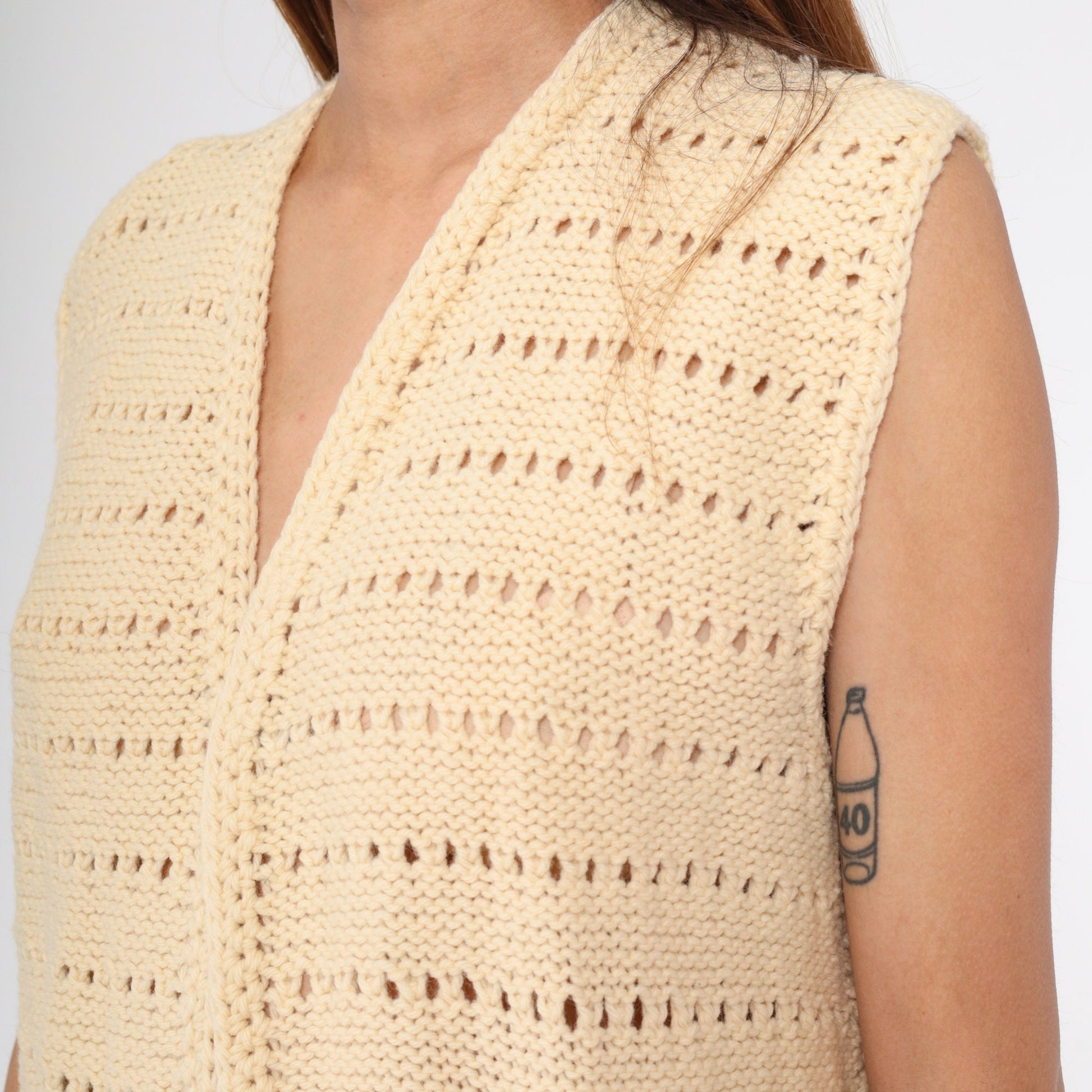 70s Cream Knit Vest Sleeveless V-Neck Sweater Tank Medium