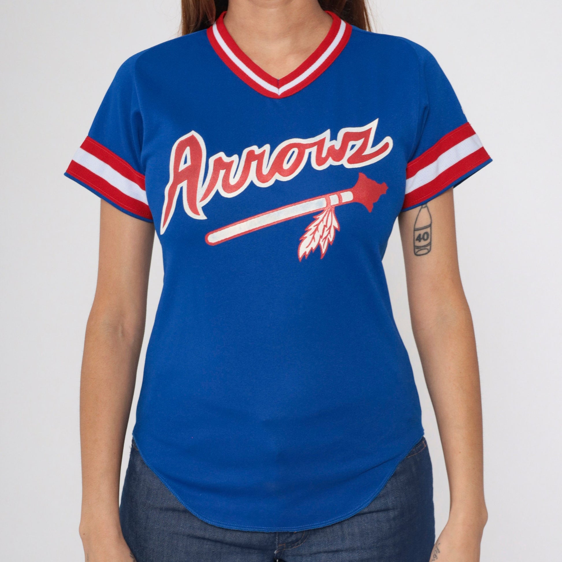 80s Wilson Arrows Baseball Jersey #24 Blue Red White Striped Ringer Youth Medium