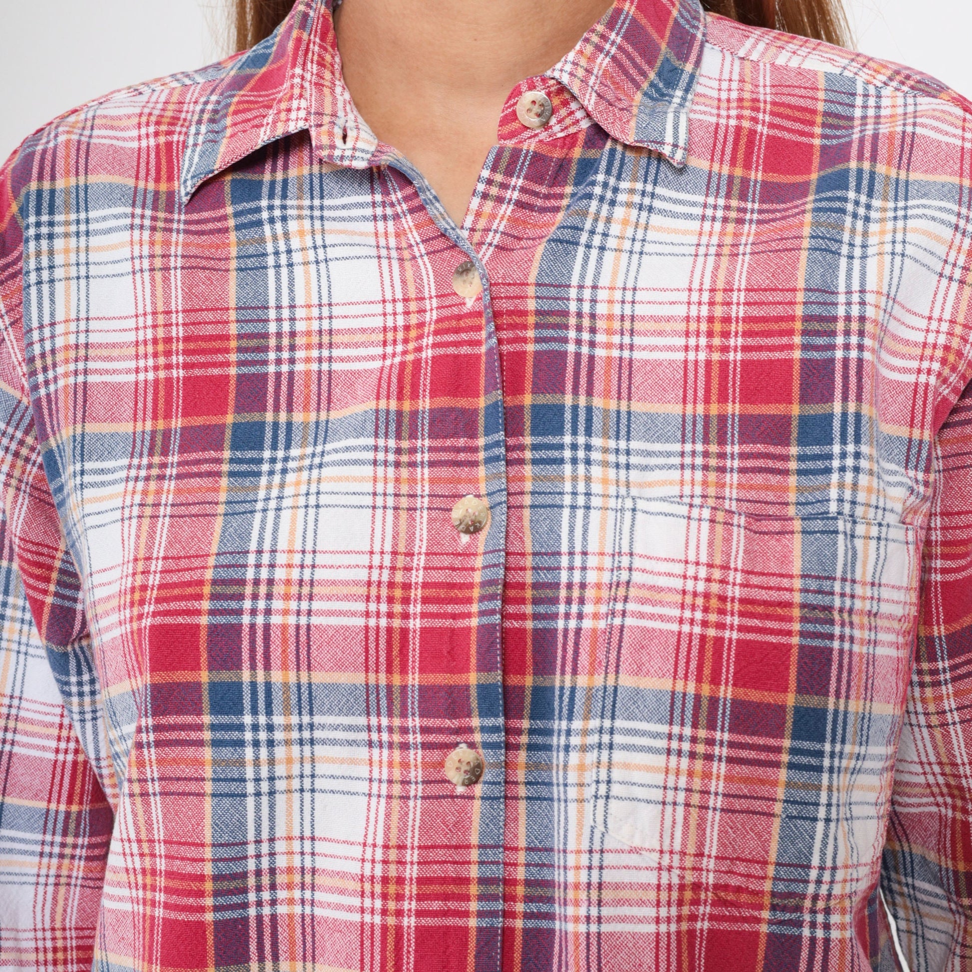 90s Plaid Button Up Shirt Red White Blue Checkered Long Sleeve Medium