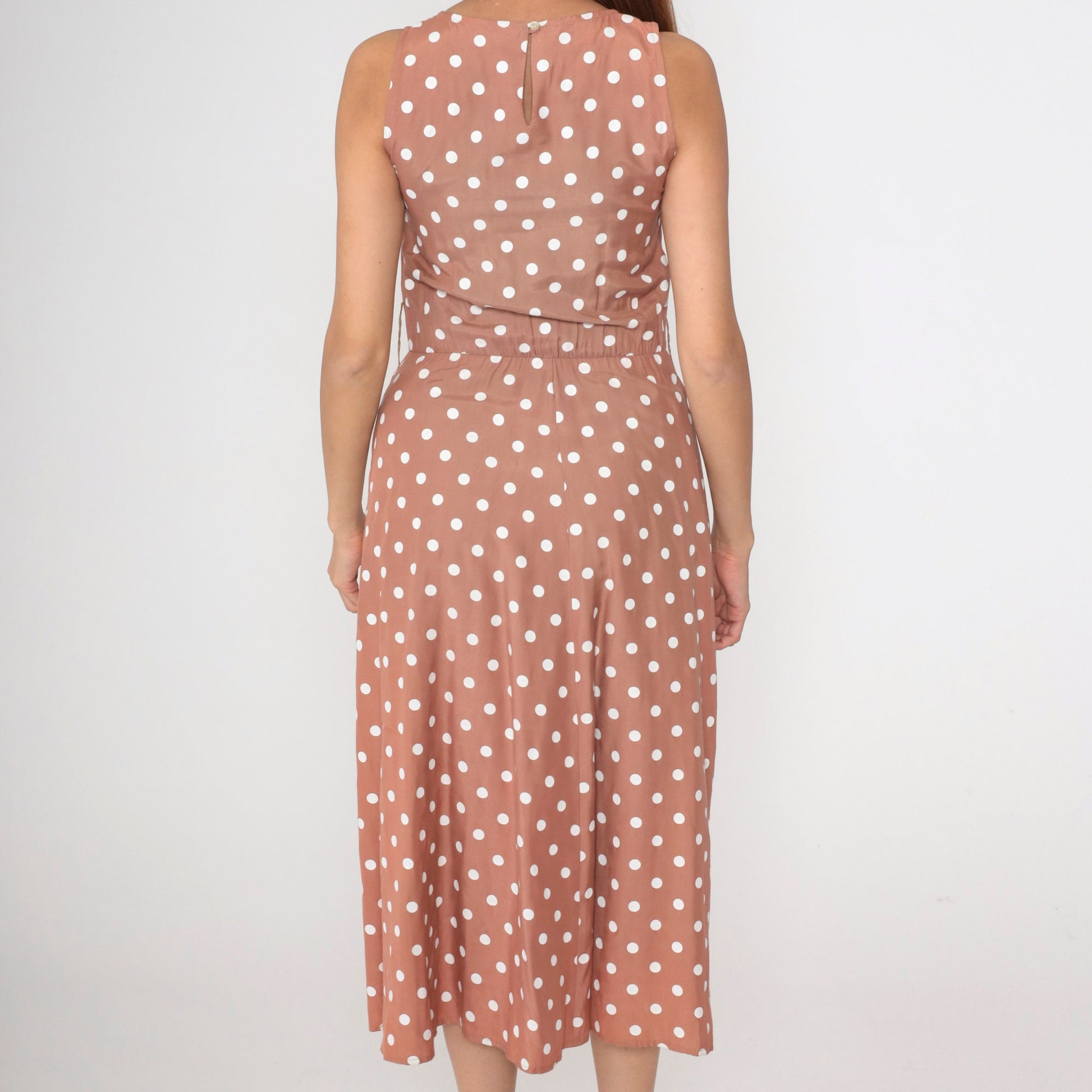 80s My Michelle Mocha Polka Dot Midi Sundress High Waist Sleeveless Extra Small