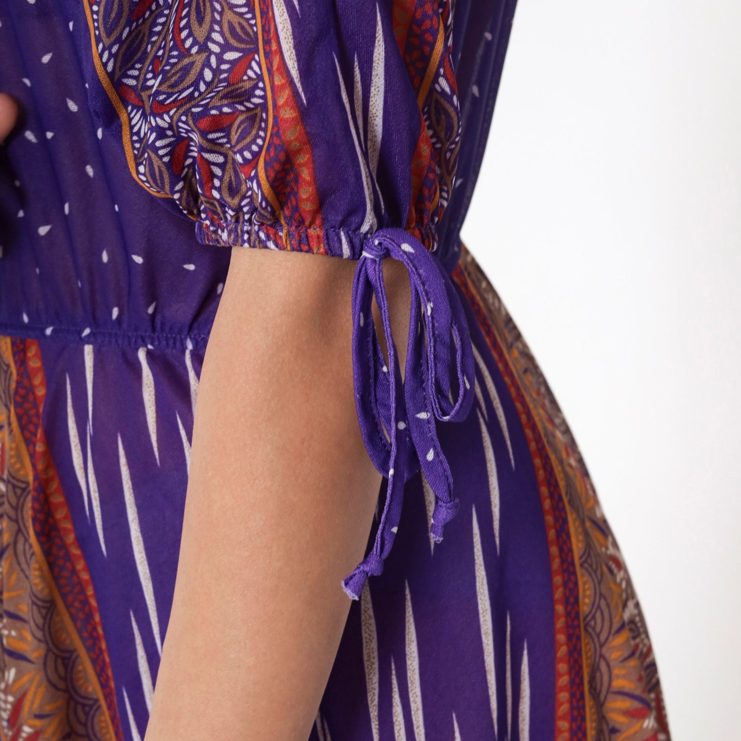 70s Purple Leaf Print Midi Dress Dolman Tie Sleeves Elastic Waist Small Medium