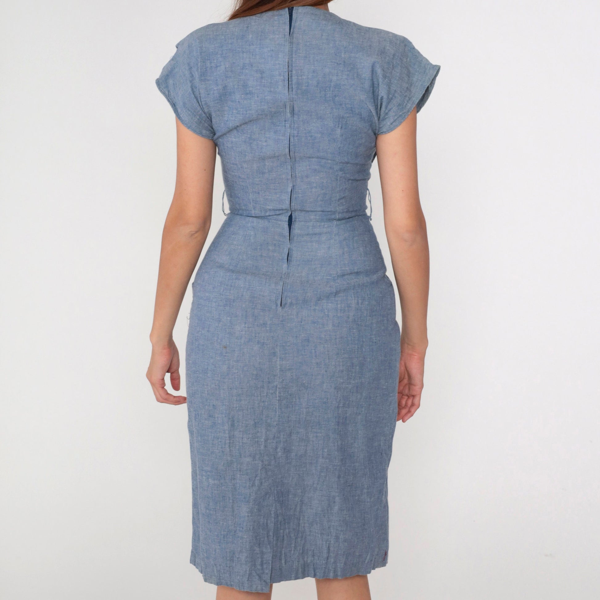 80s Blue Criss-Cross Wrap Midi Dress V-Neck Short Sleeve Small S