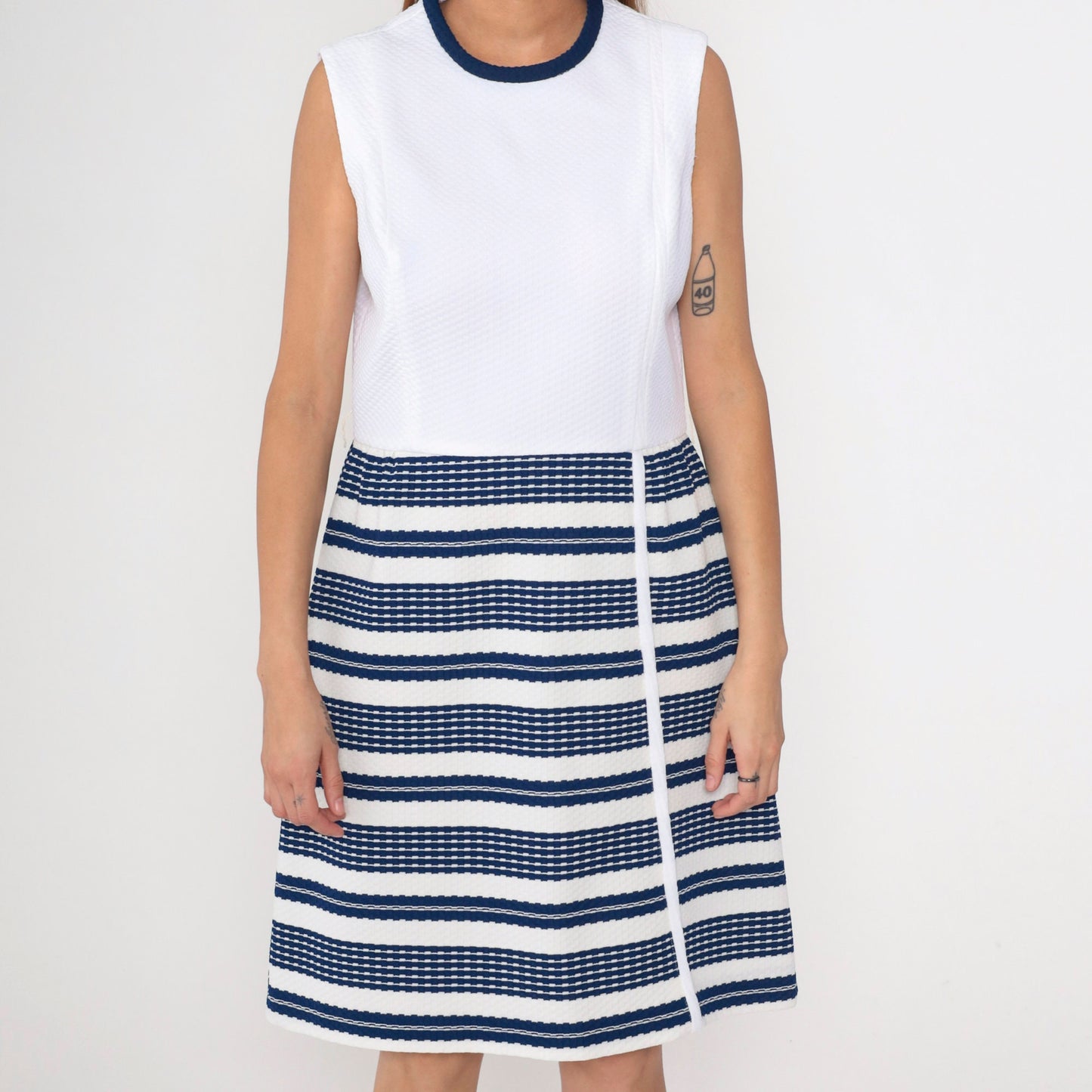 60s Kay Windsor Striped A-Line Dress Navy White Knee-Length Sleeveless Medium