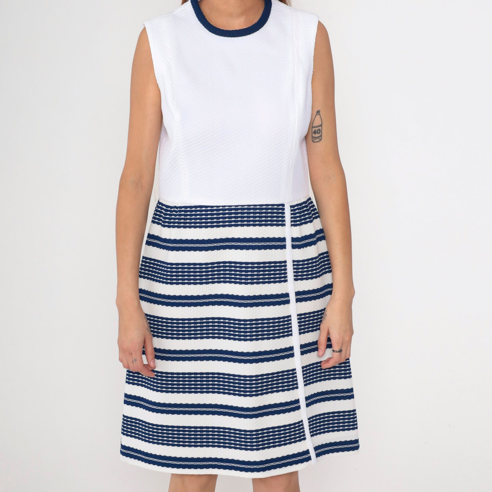 60s Kay Windsor Striped A-Line Dress Navy White Knee-Length Sleeveless Medium