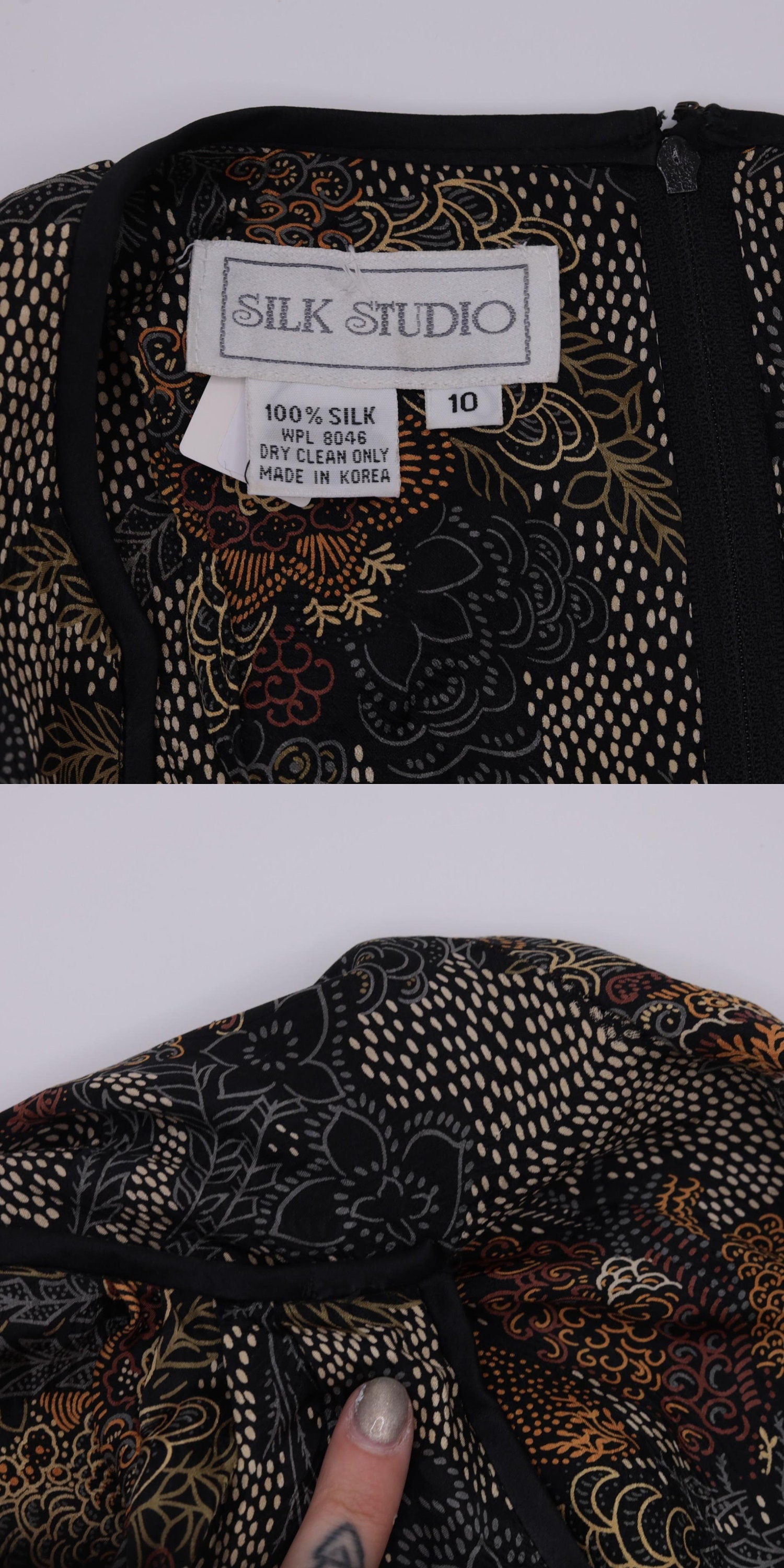90s Silk Wrap Dress Floral Print V-Neck Long Sleeve Knee Length Black Medium