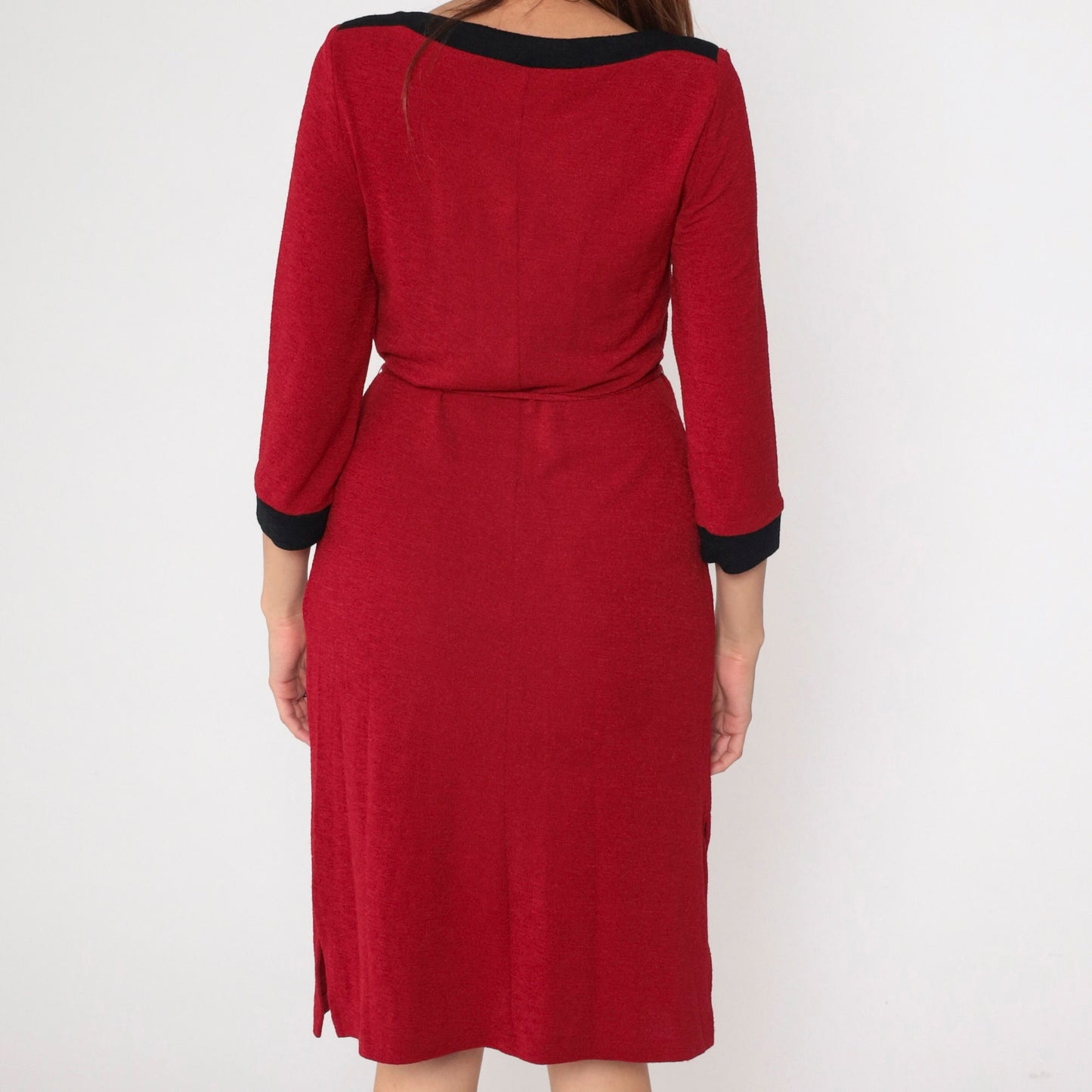 90s Red Shift Dress Boat Neck Black Trim Tie Belt Three-Quarter Sleeve Small Medium