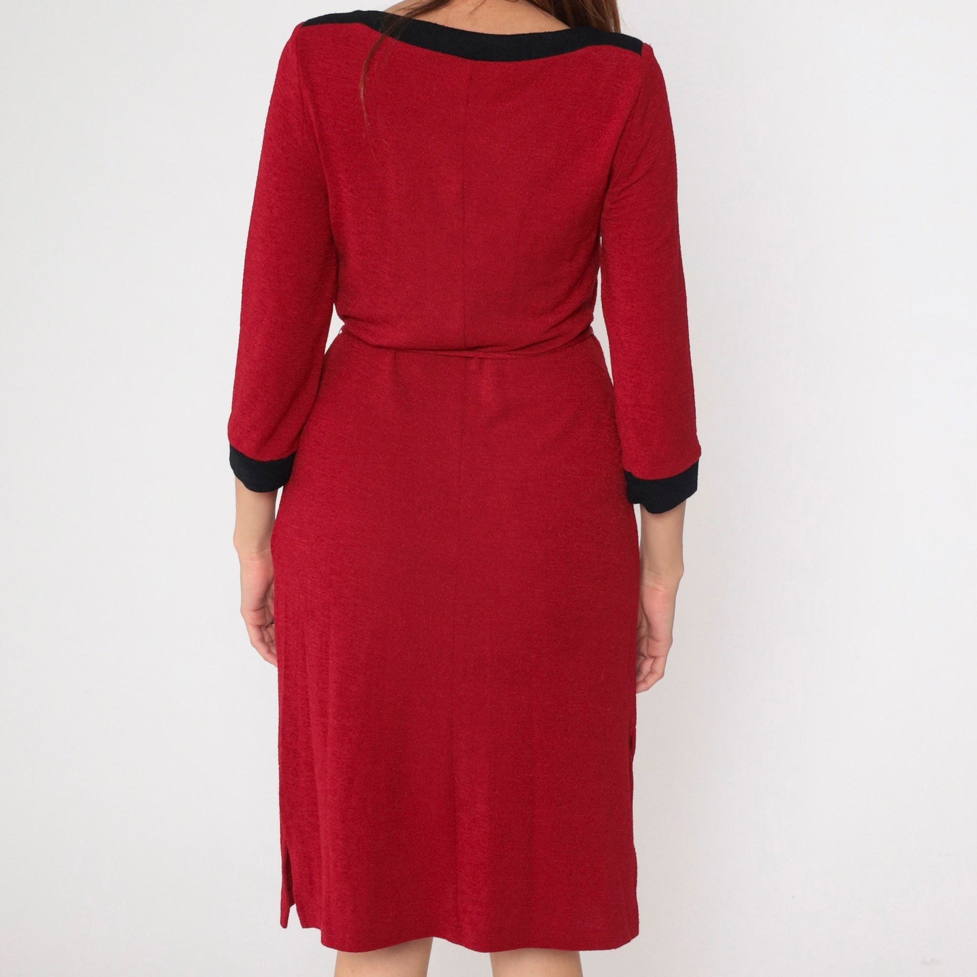 90s Red Shift Dress Boat Neck Black Trim Tie Belt Three-Quarter Sleeve Small Medium