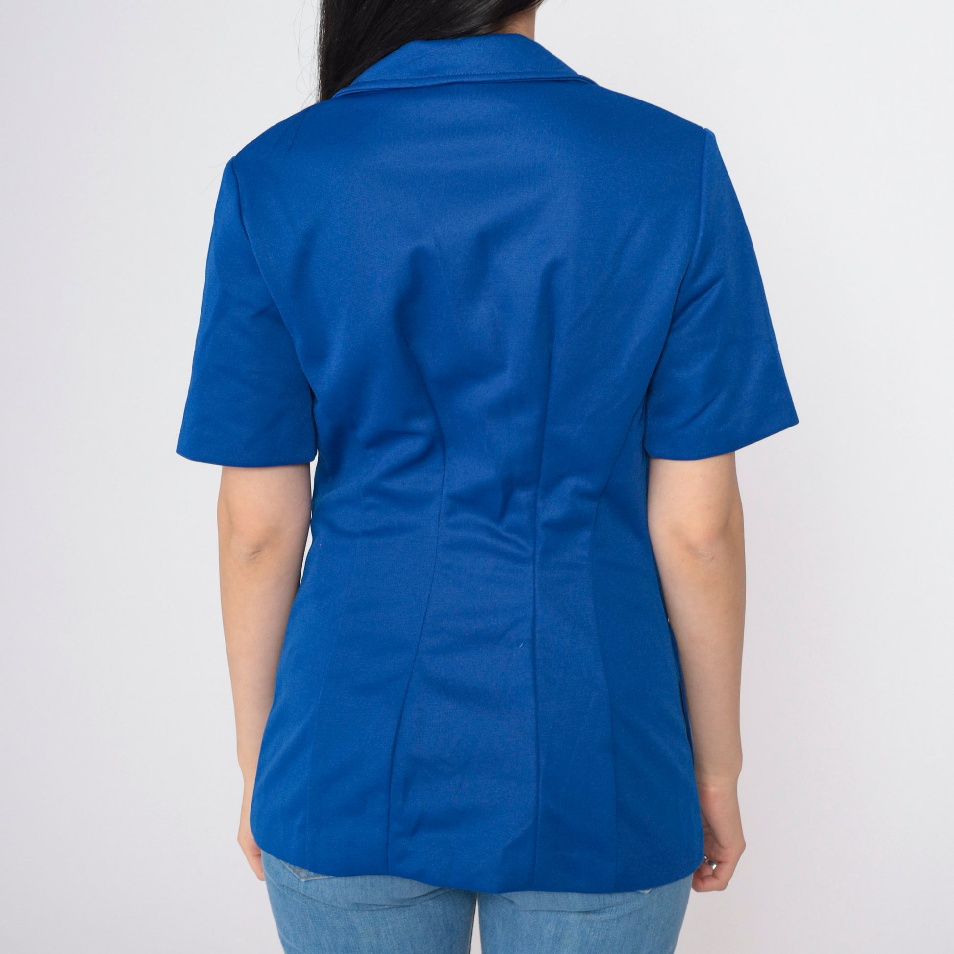 70s Royal Blue Short Sleeve Blazer Tailored Button Up Jacket Small