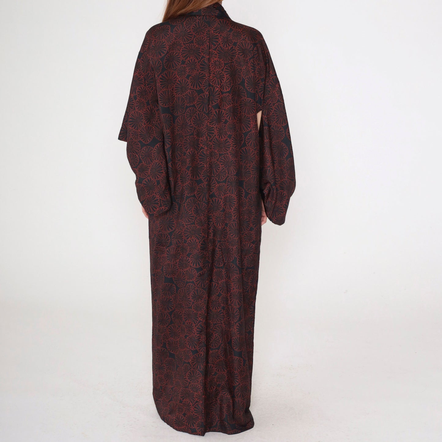 60s Black Kimono Robe Red Floral Print Full Length Maxi Large L