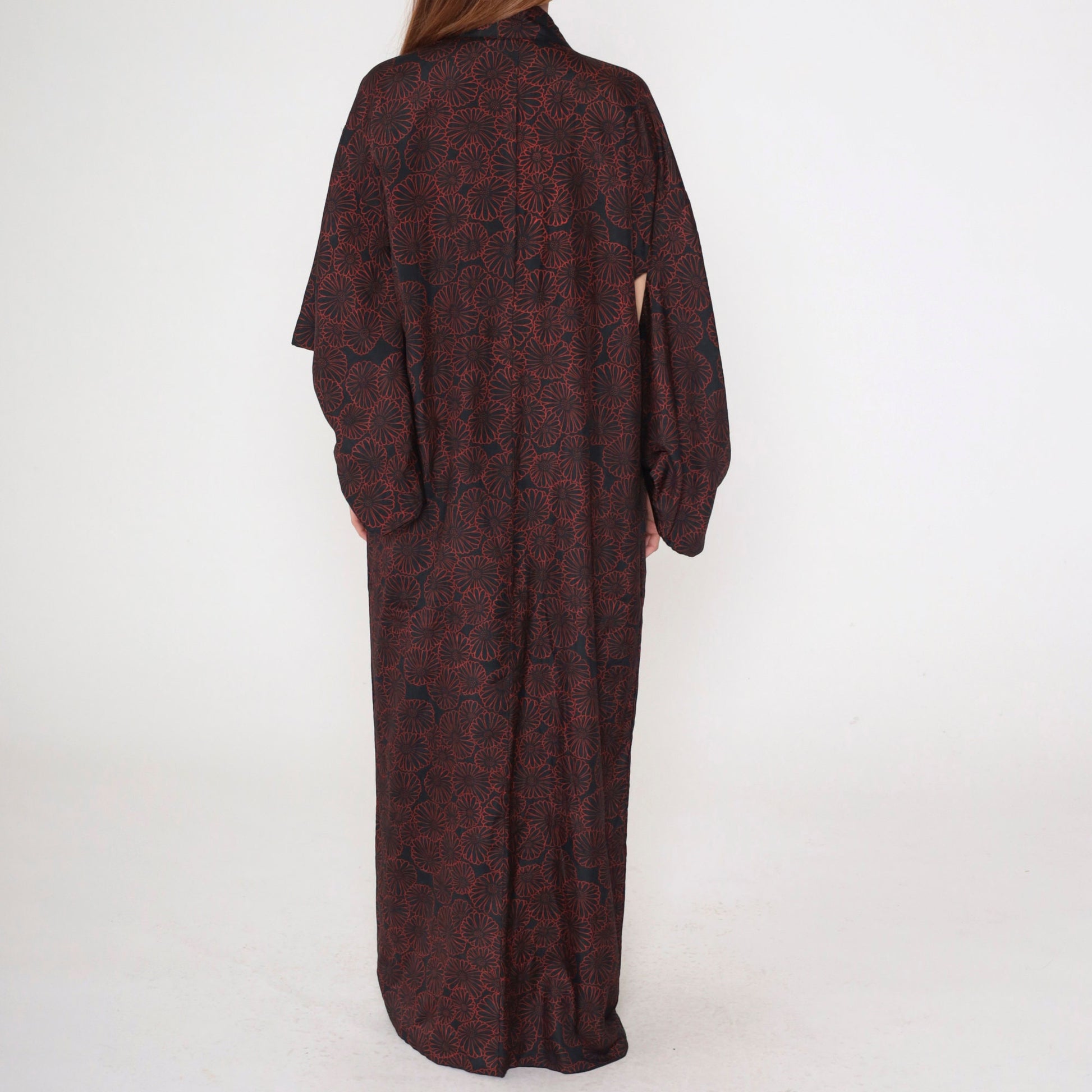 60s Black Kimono Robe Red Floral Print Full Length Maxi Large L