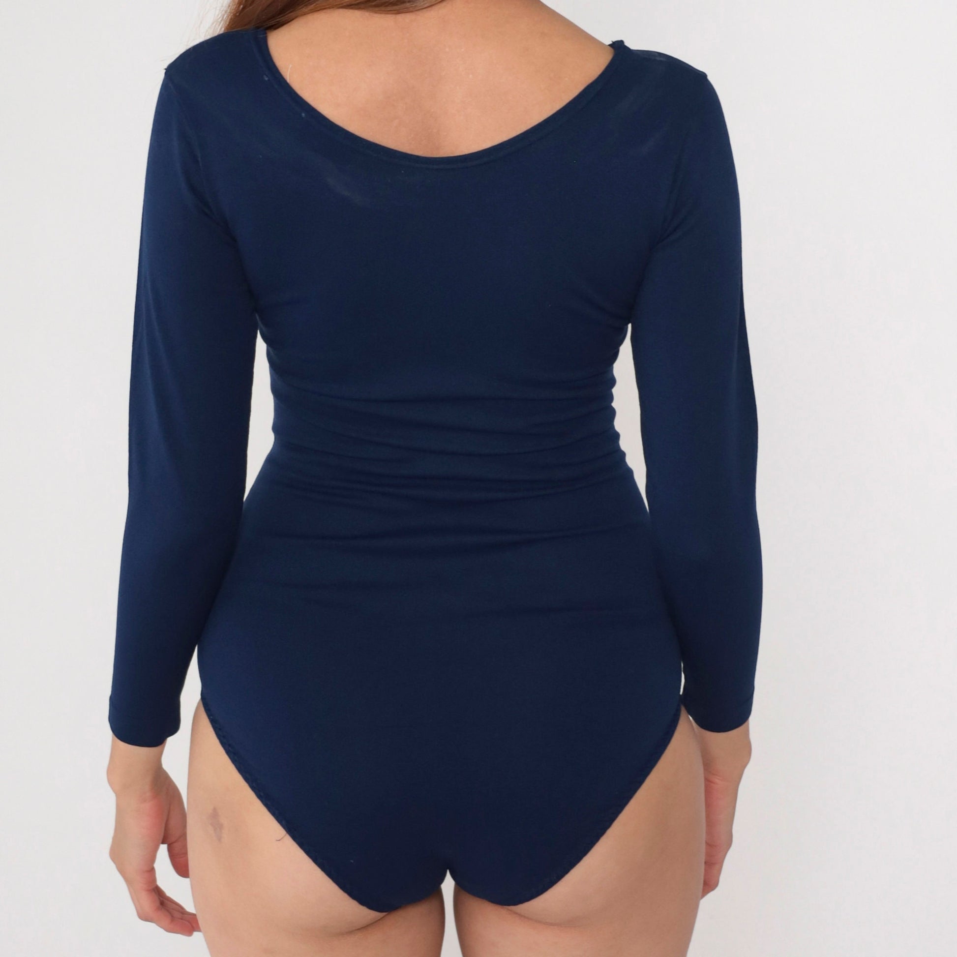 80s Danskin Navy Leotard Long Sleeve Scoop Neck Bodysuit Small