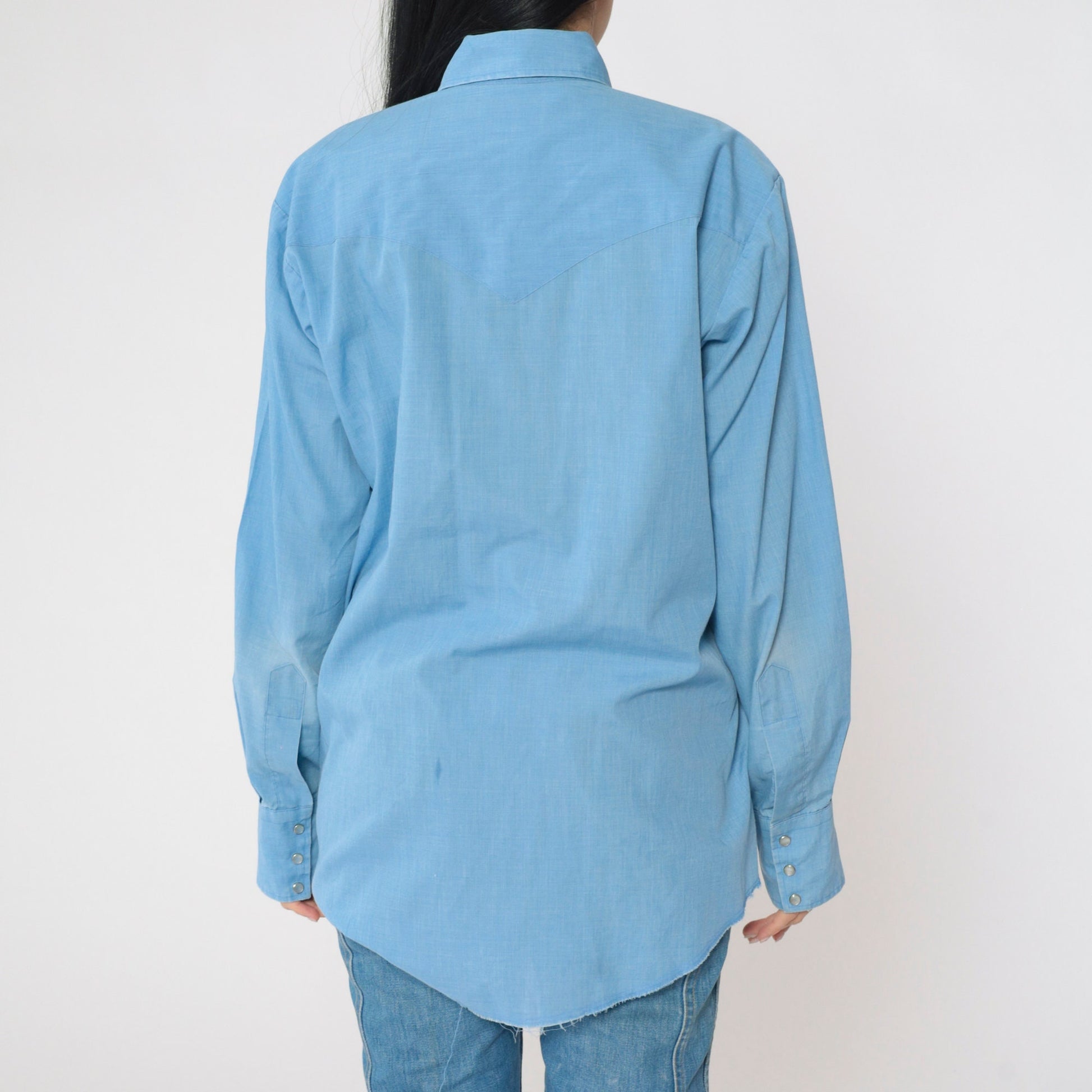 80s Blue Pearl Snap Western Shirt Men's Medium Long Sleeve Button Up